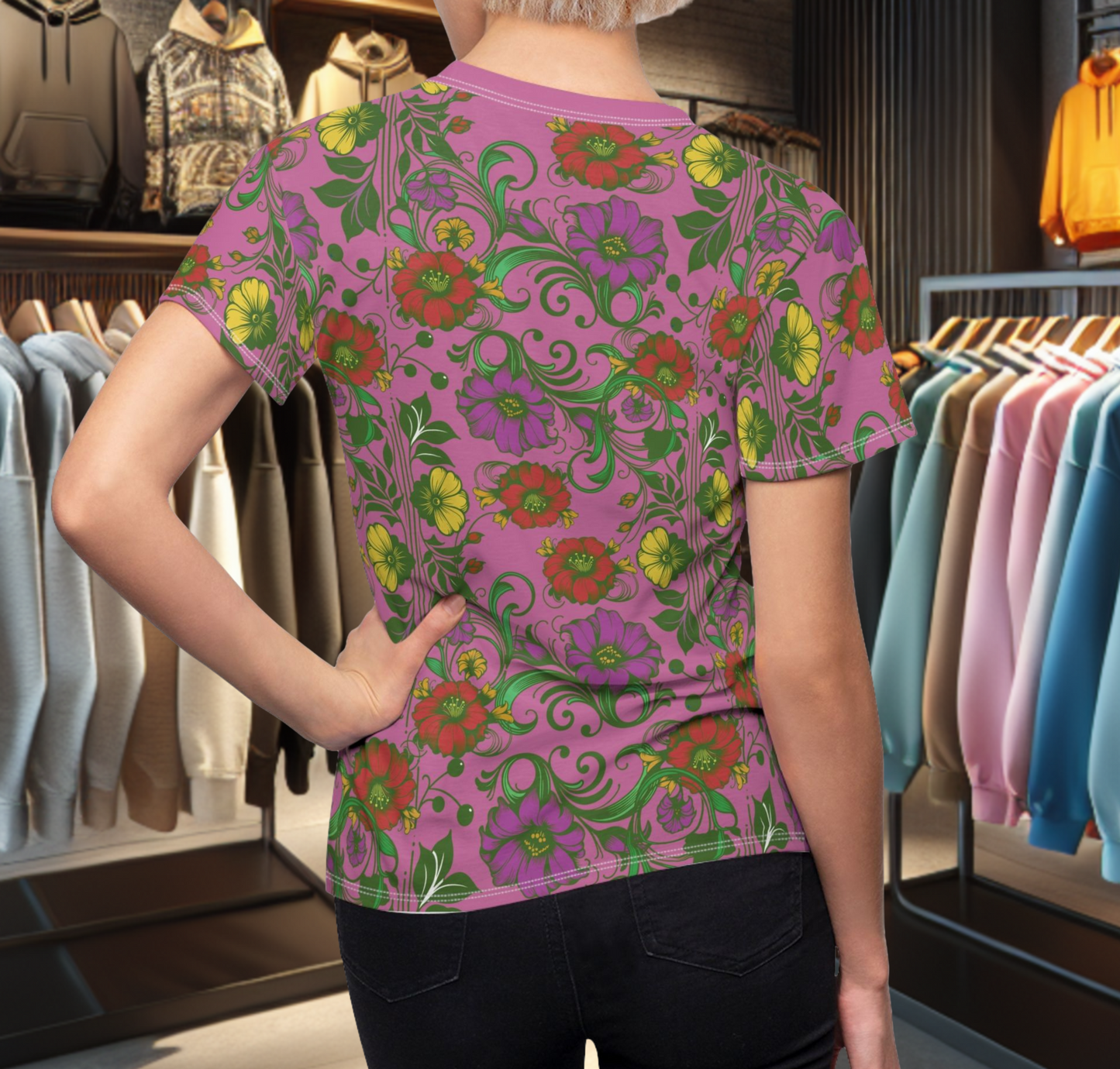 Floral Women's Tee - chicken in the Library - Pink Background