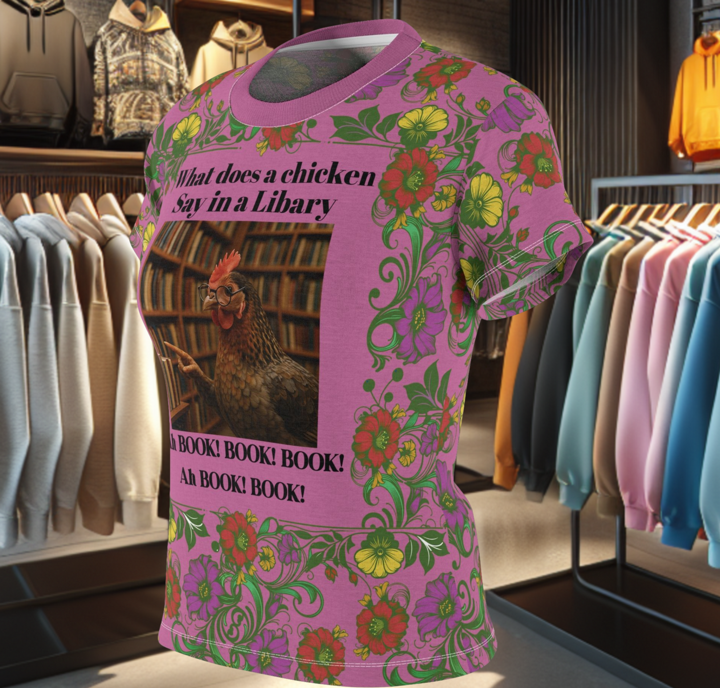 Floral Women's Tee - chicken in the Library - Pink Background