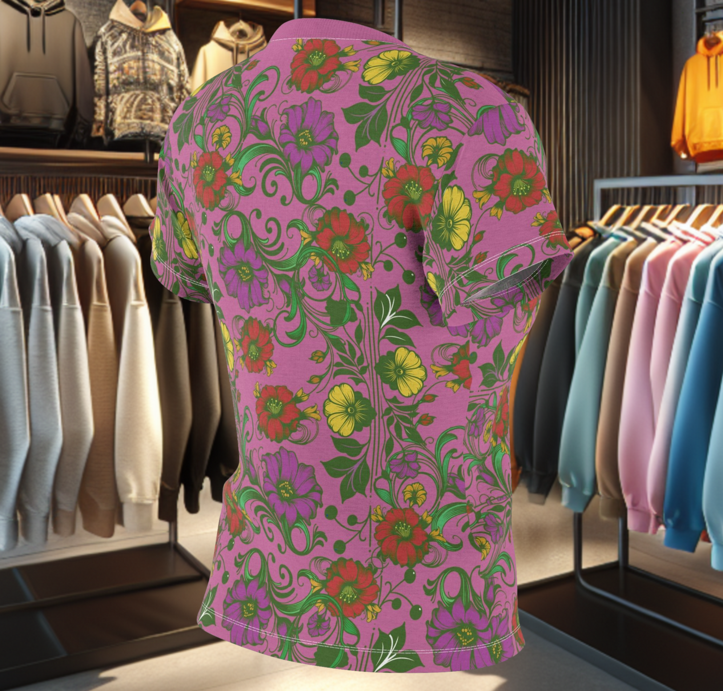 Floral Women's Tee - chicken in the Library - Pink Background