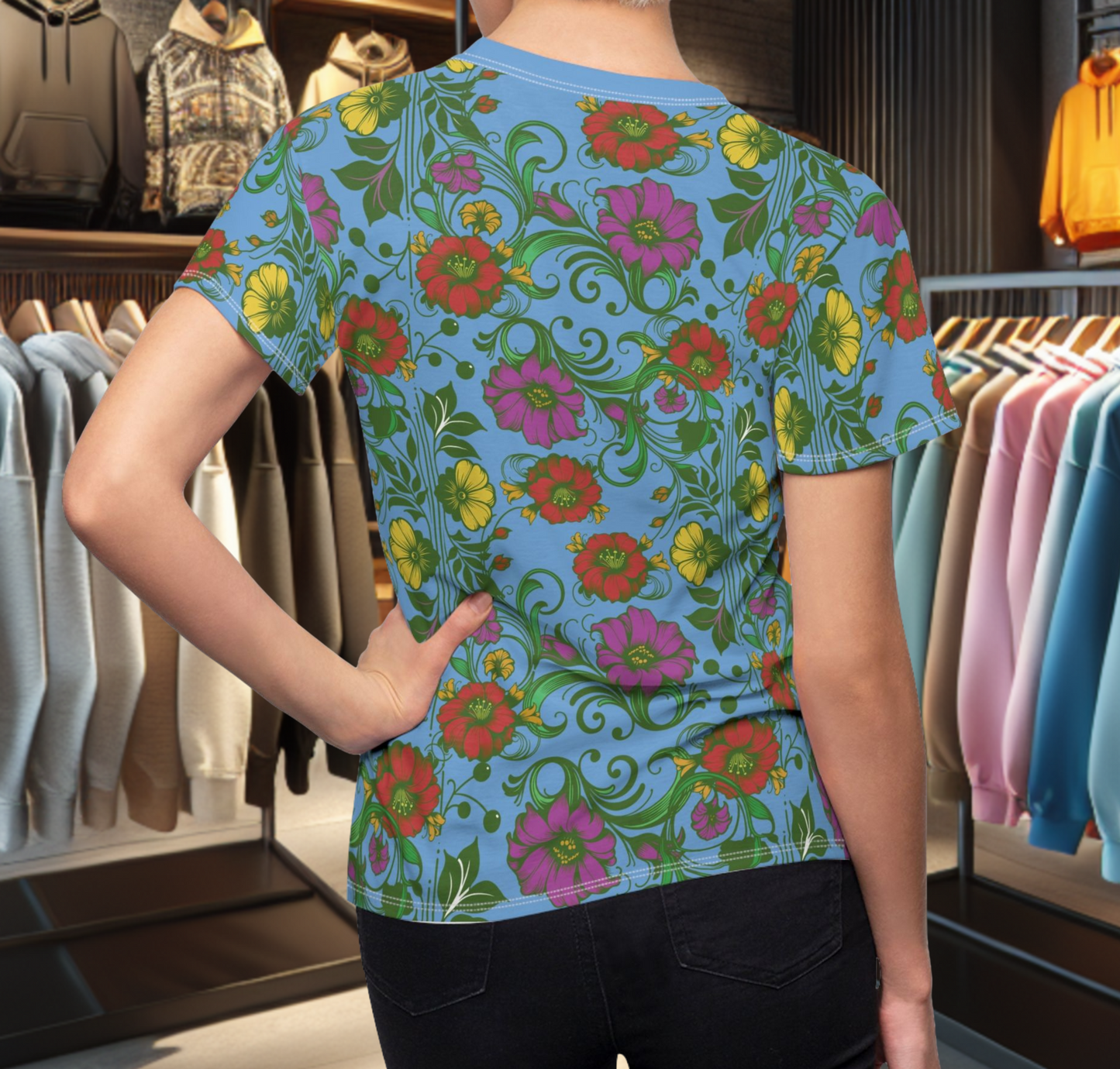 Floral Women's Tee - chicken in the Library - Blue Background