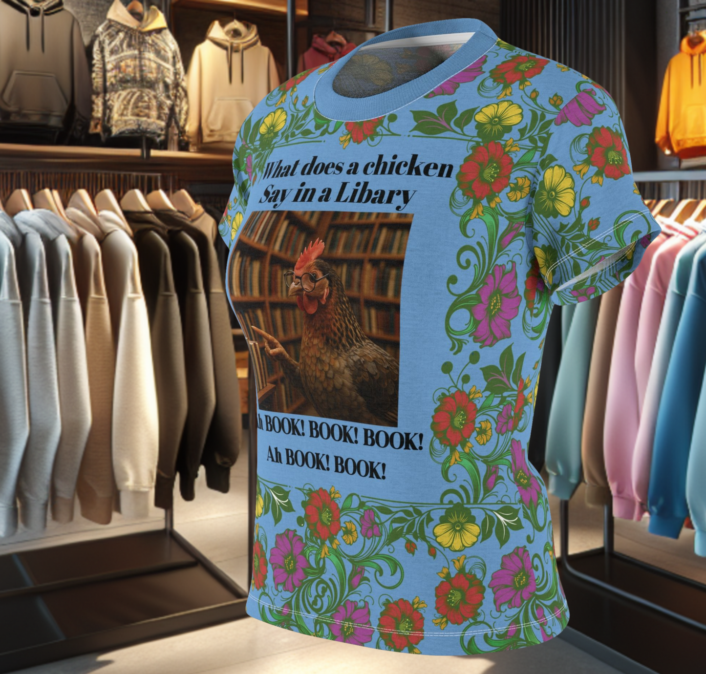 Floral Women's Tee - chicken in the Library - Blue Background