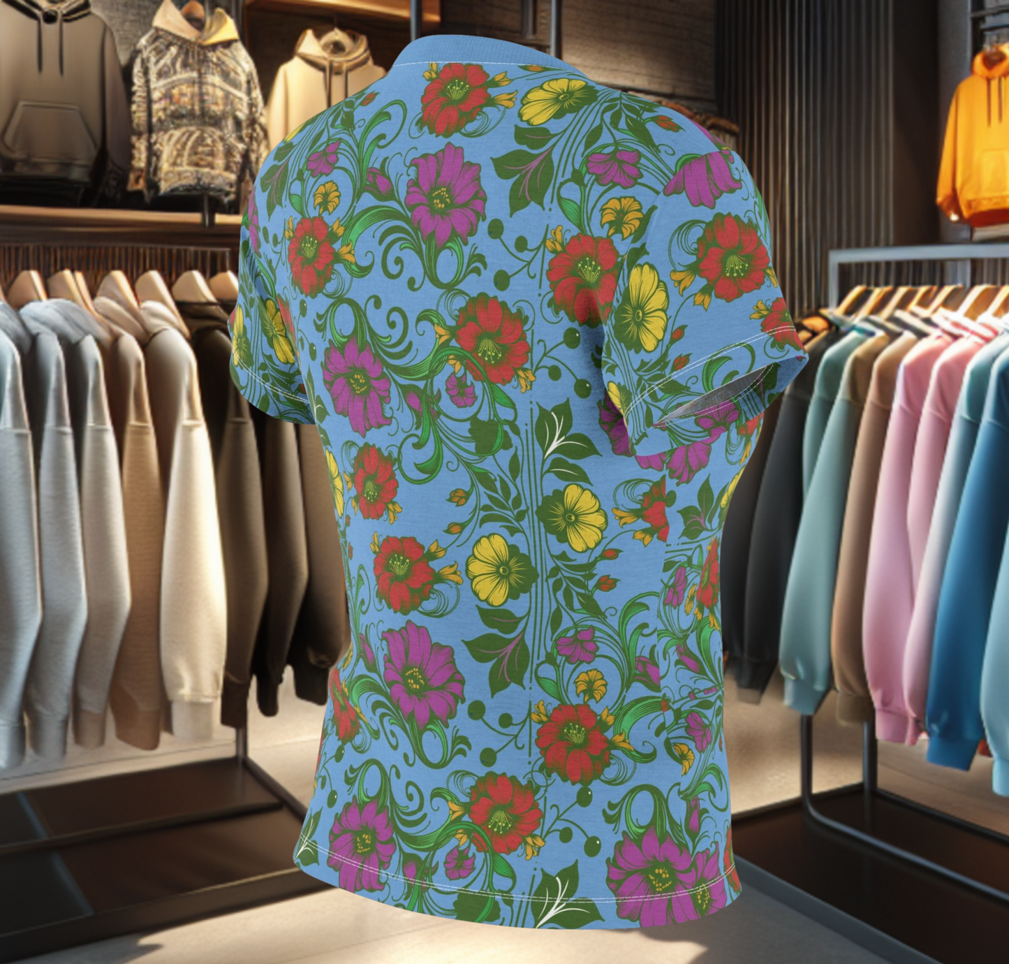 Floral Women's Tee - chicken in the Library - Blue Background