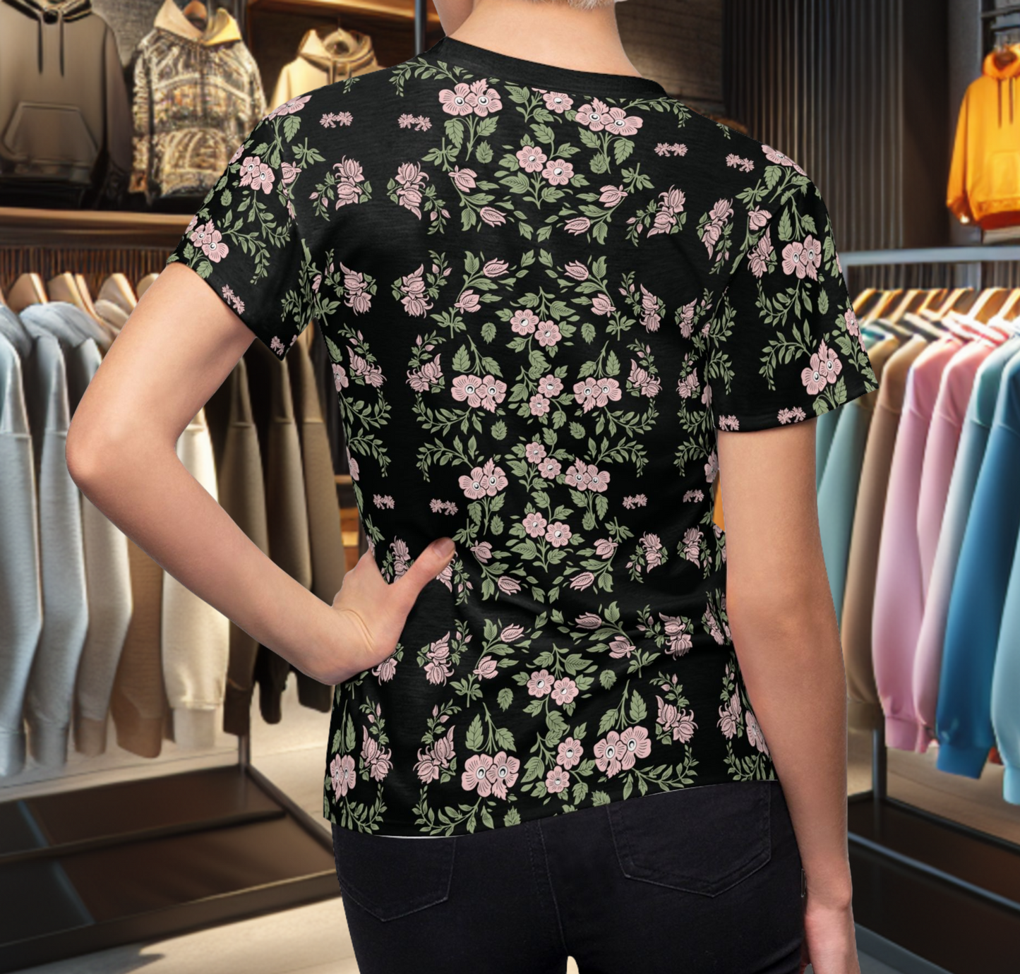 Women's Tee - Black with a feminine pink floral print