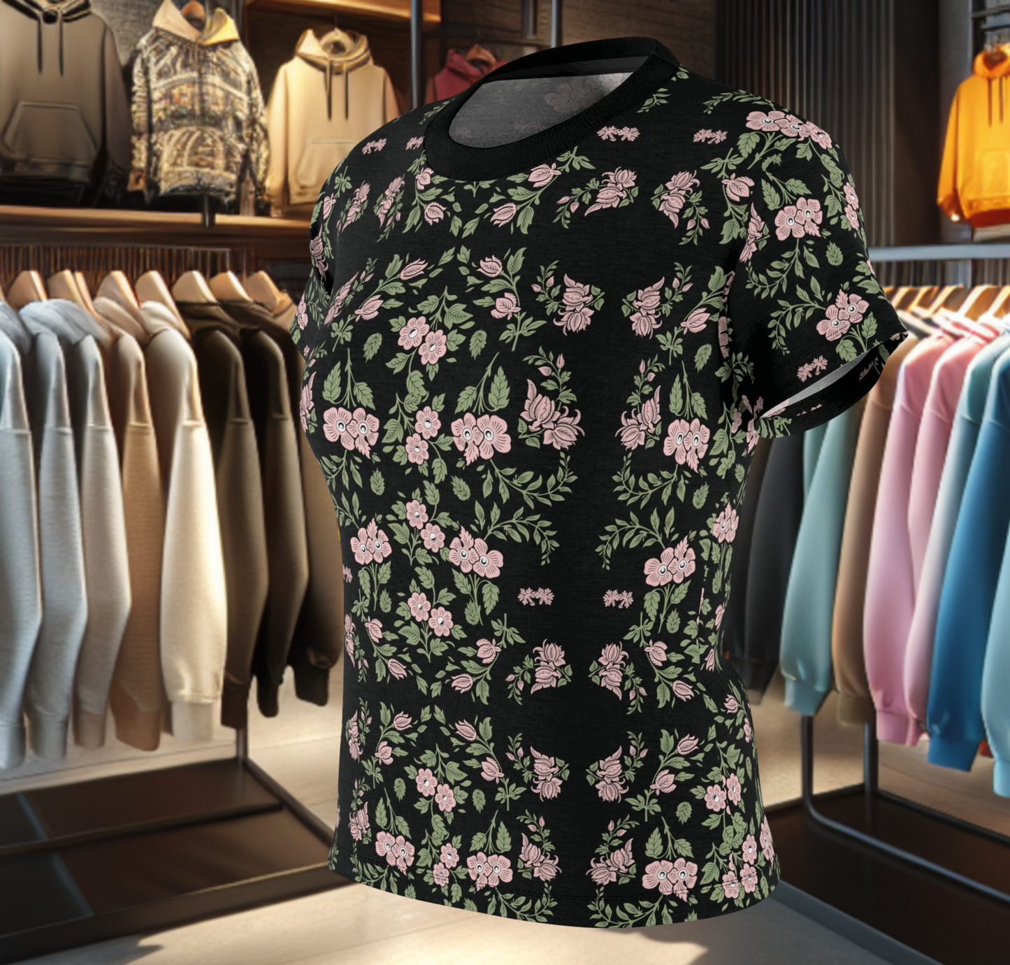 Women's Tee - Black with a feminine pink floral print