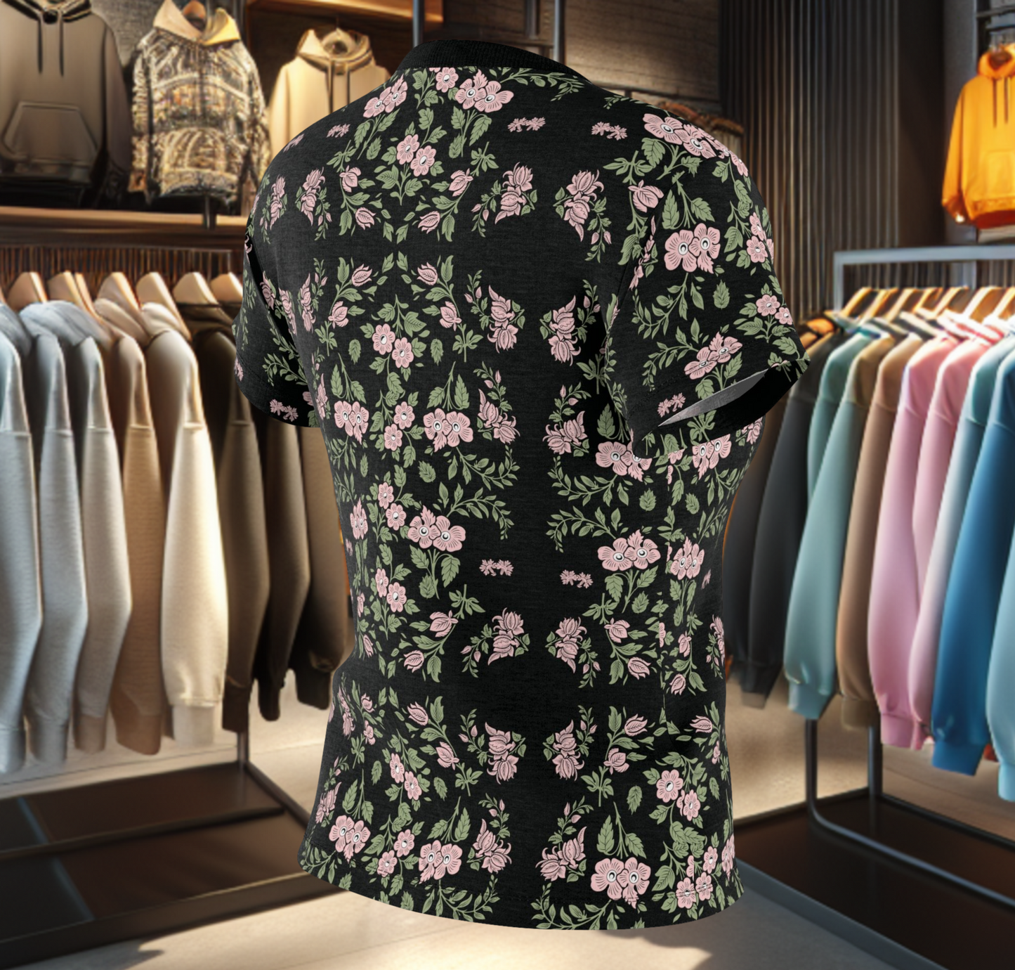 Women's Tee - Black with a feminine pink floral print