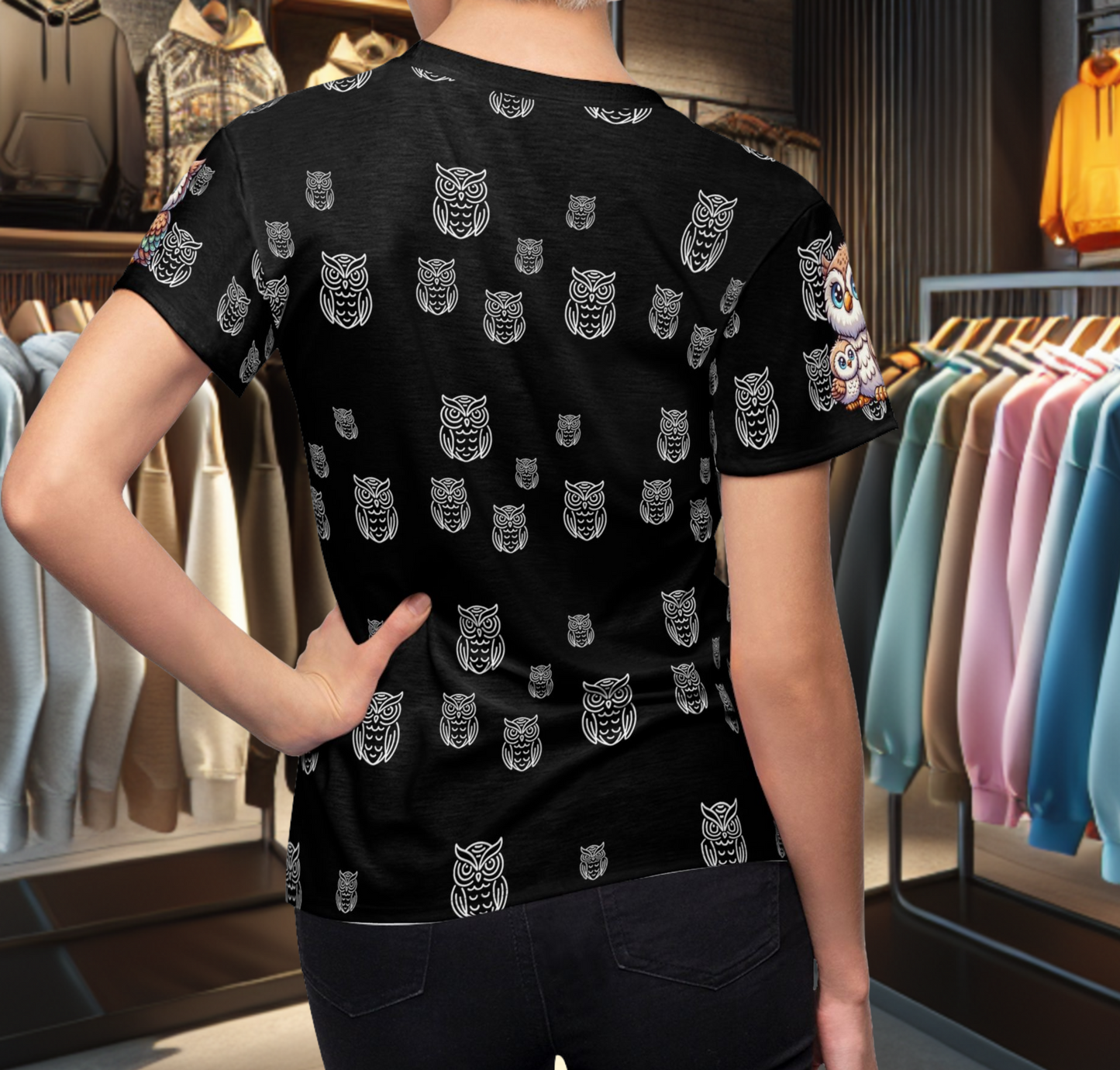 Adorable Owl Family Print - Women's Black Tee - Cute Owl Shirt for Animal Lovers