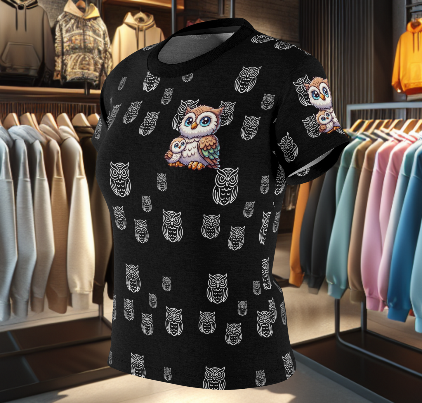 Adorable Owl Family Print - Women's Black Tee - Cute Owl Shirt for Animal Lovers