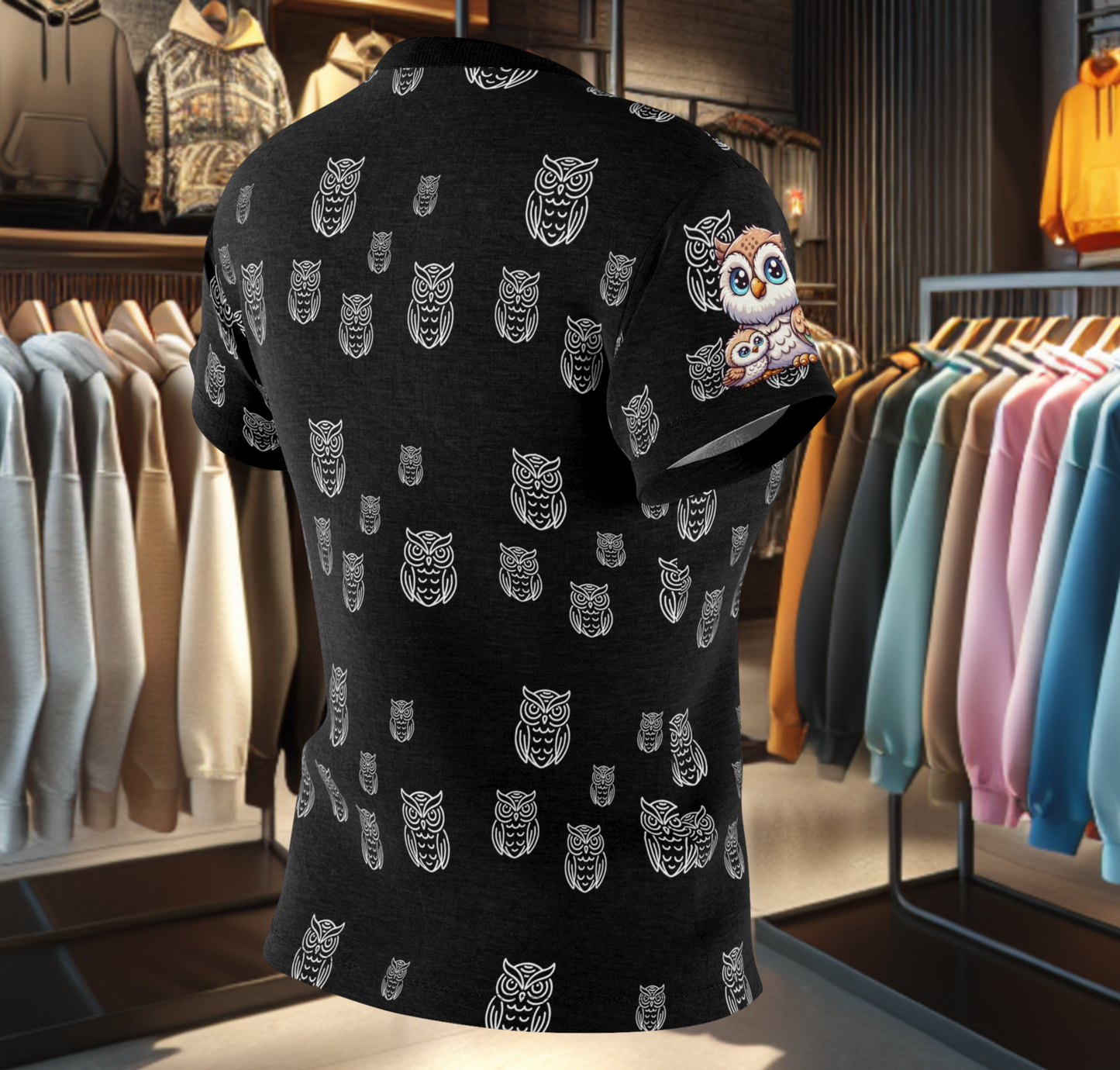 Adorable Owl Family Print - Women's Black Tee - Cute Owl Shirt for Animal Lovers