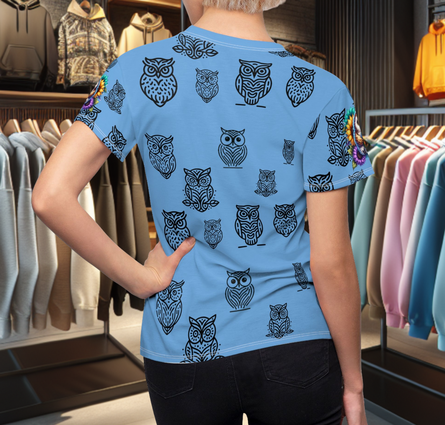 Women's Blue Tee - Adorable Owl with Drink Cup Print