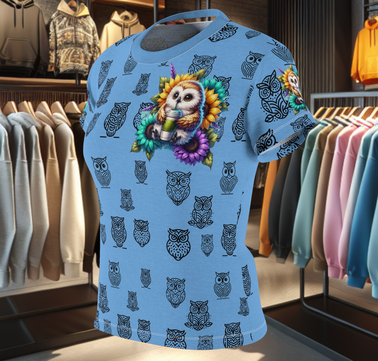 Women's Blue Tee - Adorable Owl with Drink Cup Print