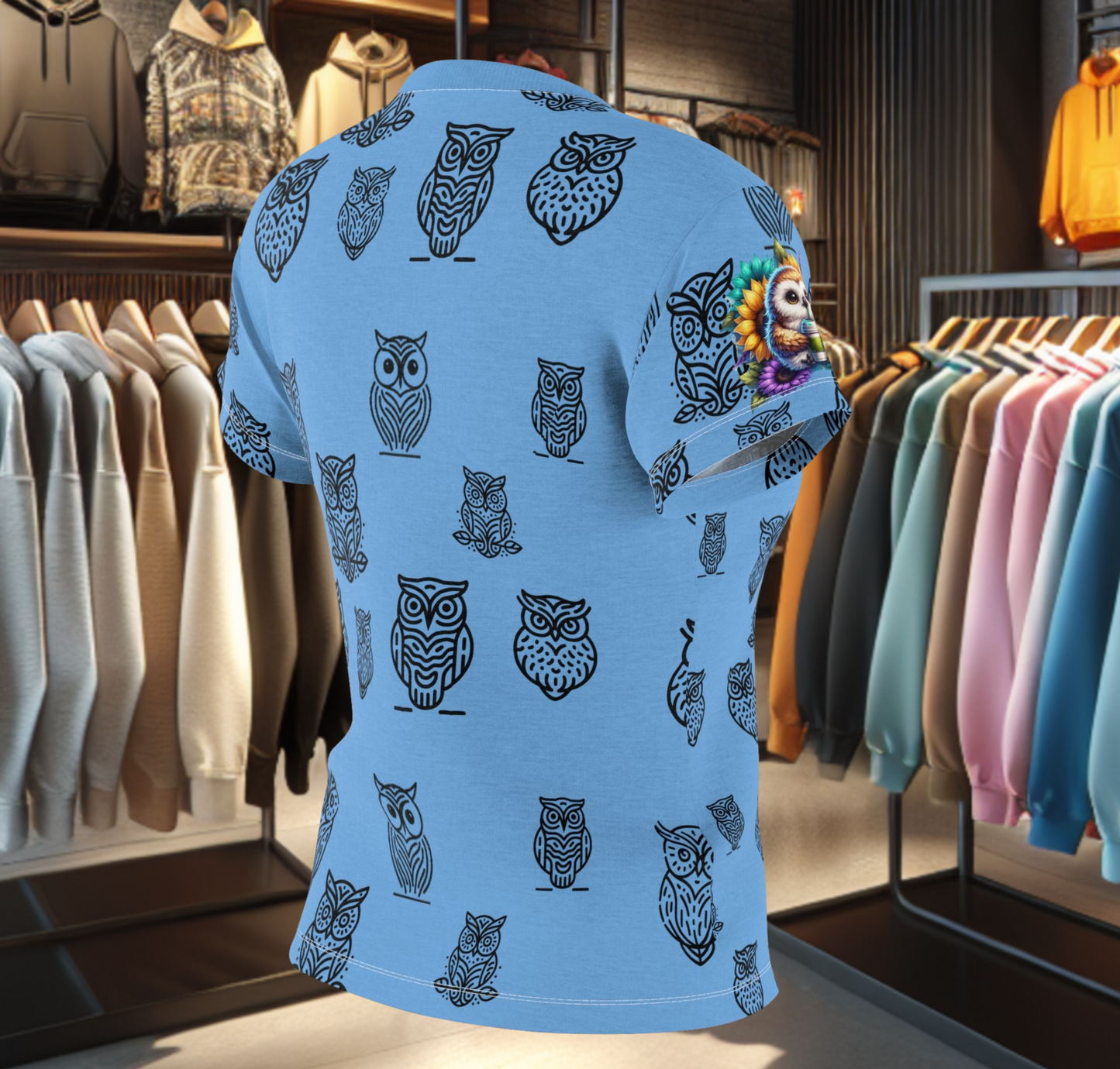 Women's Blue Tee - Adorable Owl with Drink Cup Print