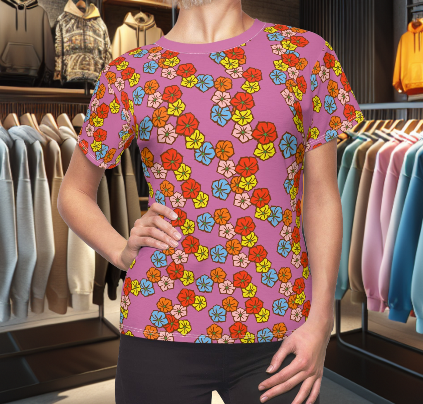 Women's Pink Tee -Floral Print, Cute Summer Top, Festival Fashion