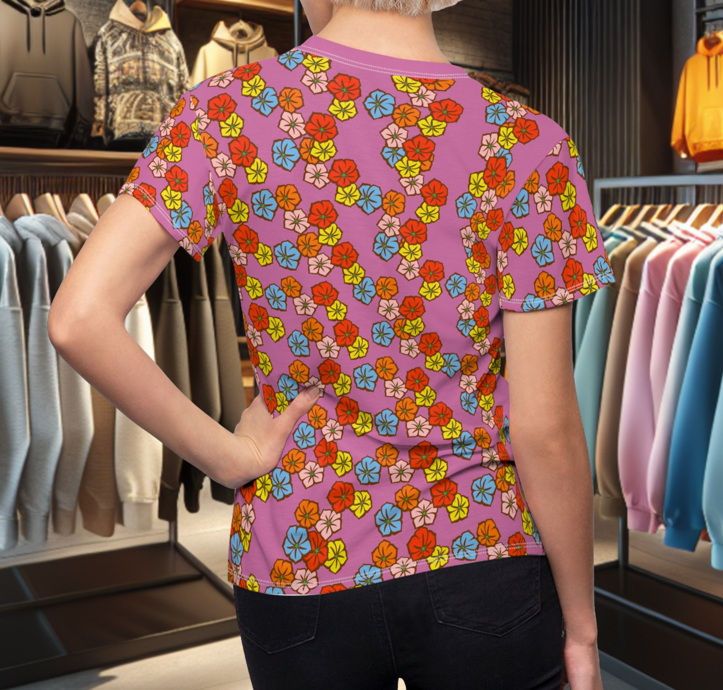 Women's Pink Tee -Floral Print, Cute Summer Top, Festival Fashion