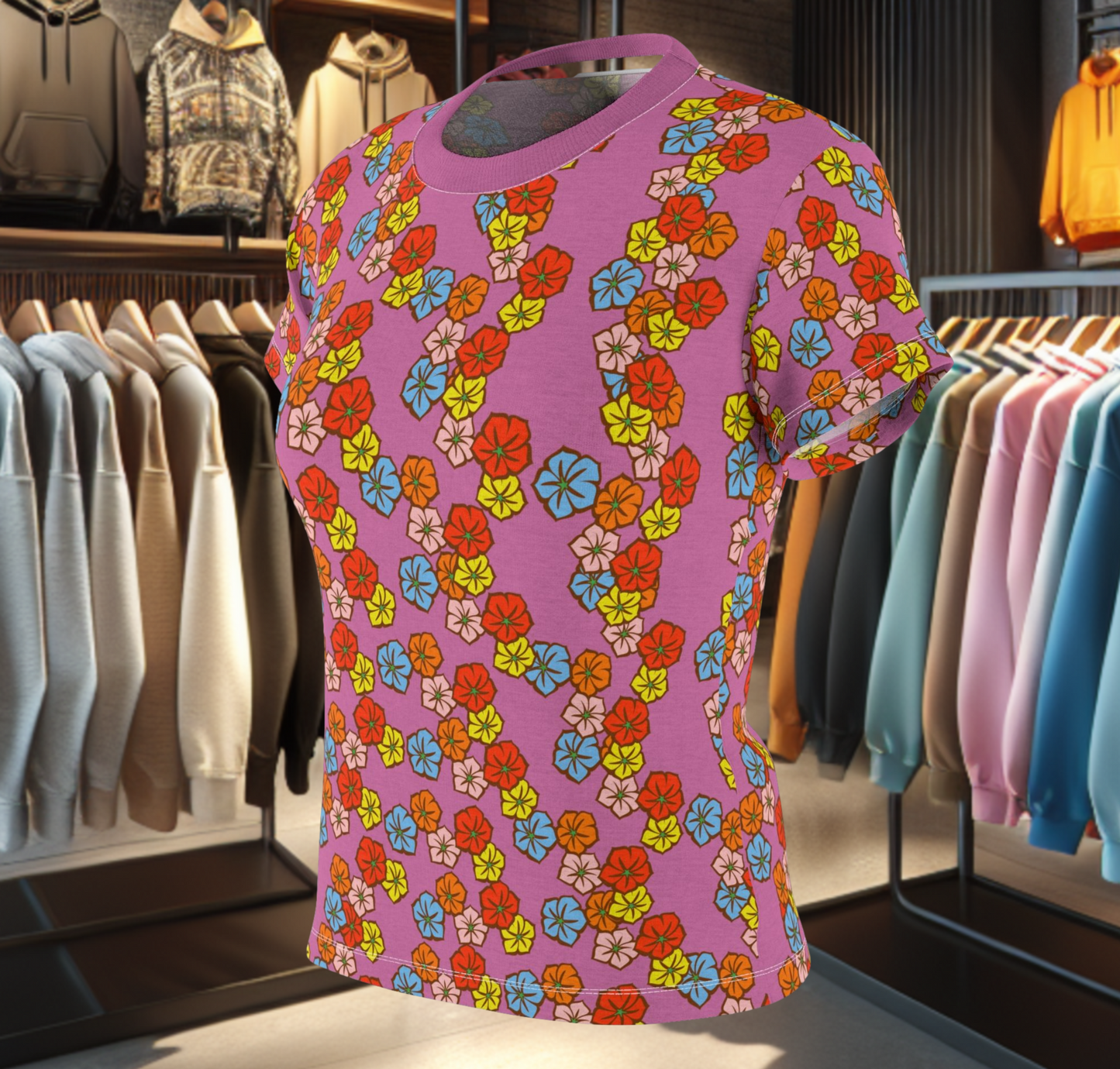 Women's Pink Tee -Floral Print, Cute Summer Top, Festival Fashion