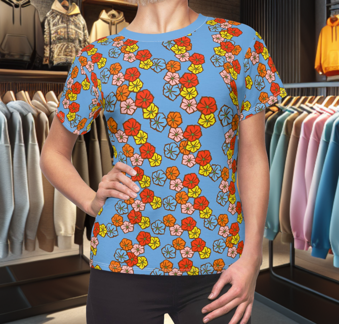 Women's Blue Tee - Floral Print, Cute Summer Top, Festival Fashion