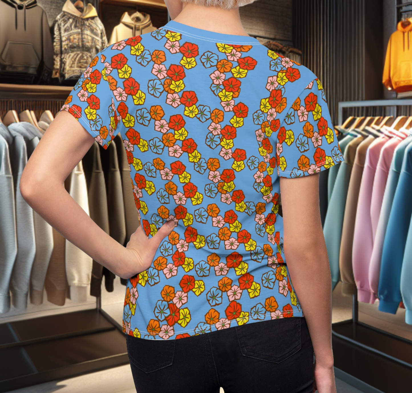 Women's Blue Tee - Floral Print, Cute Summer Top, Festival Fashion