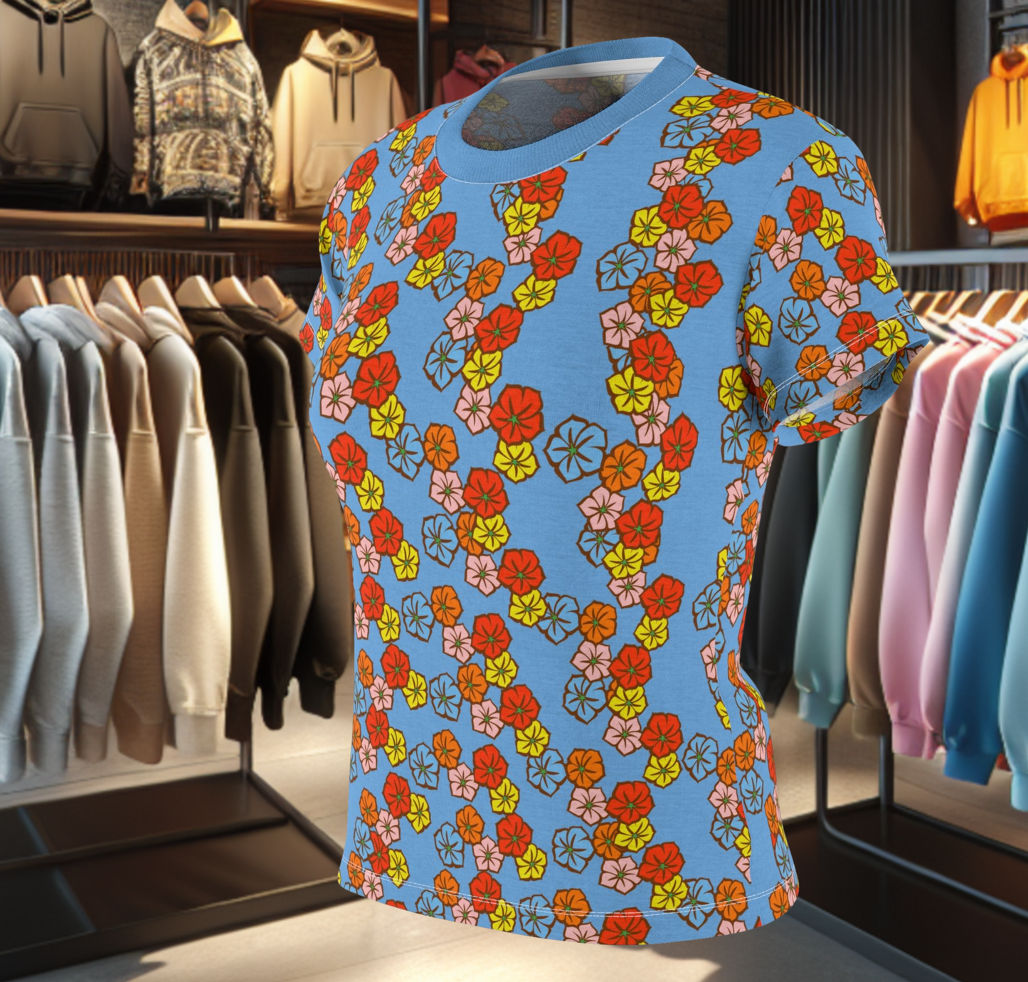 Women's Blue Tee - Floral Print, Cute Summer Top, Festival Fashion
