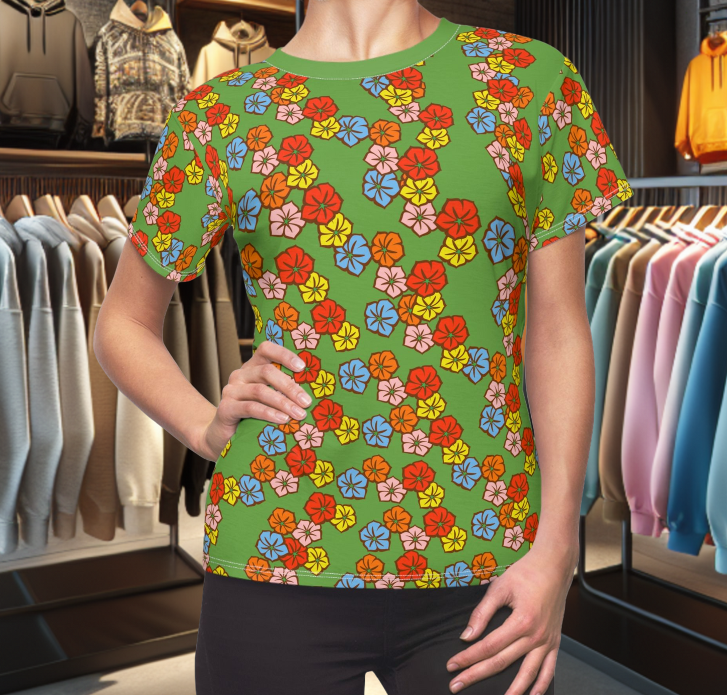 Women's Green Tee - Floral Print, Cute Summer Top, Festival Fashion