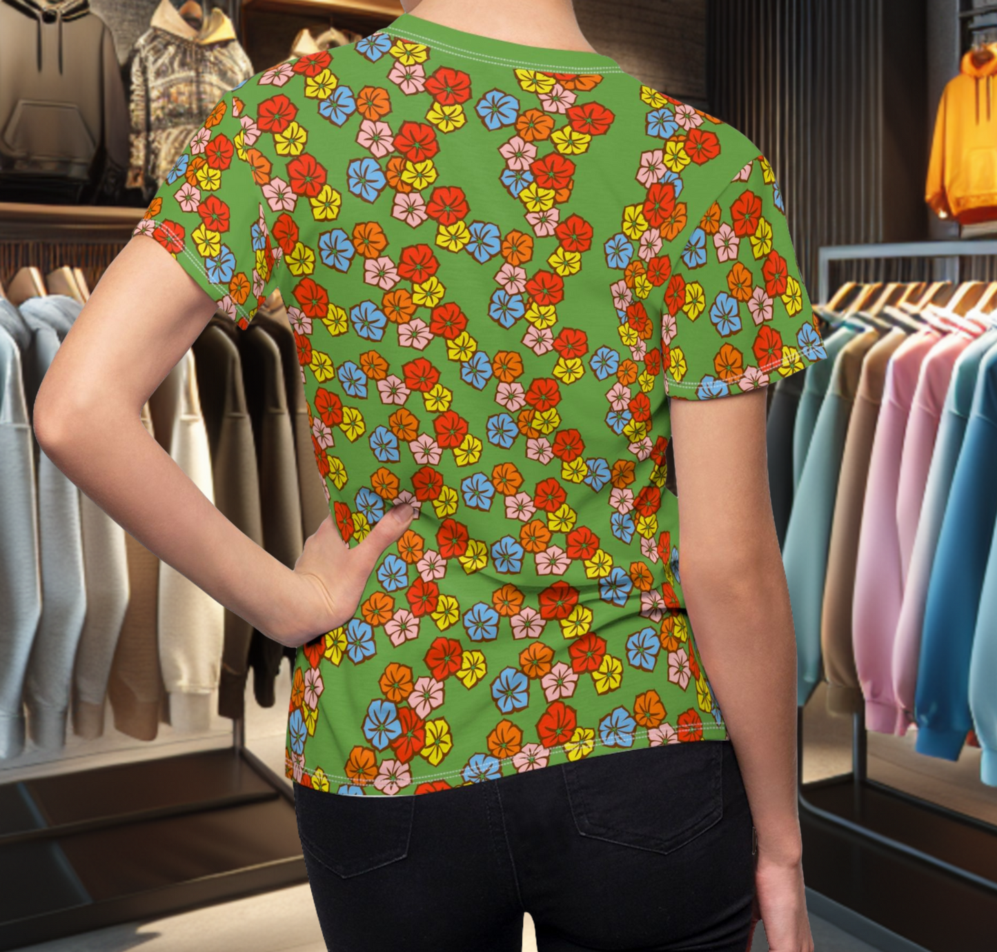 Women's Green Tee - Floral Print, Cute Summer Top, Festival Fashion
