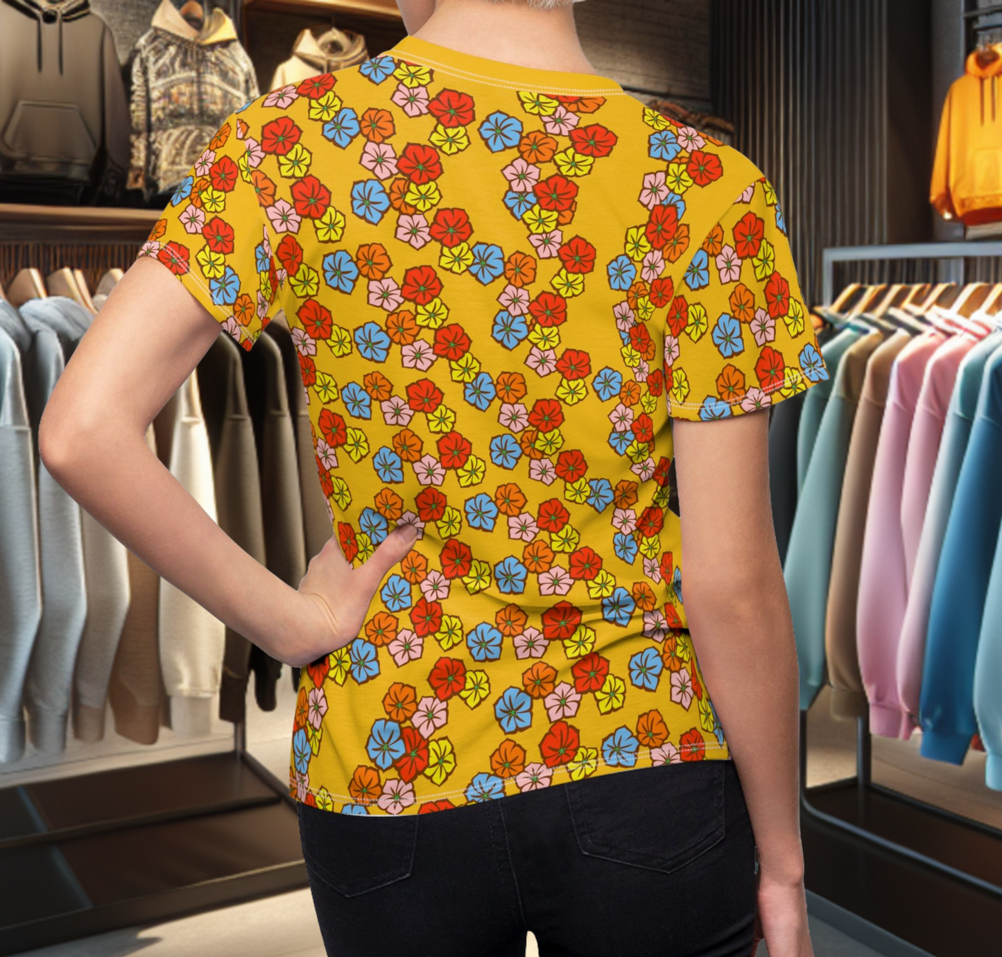 Women's Yellow Tee - Floral Print, Cute Summer Top, Festival Fashion