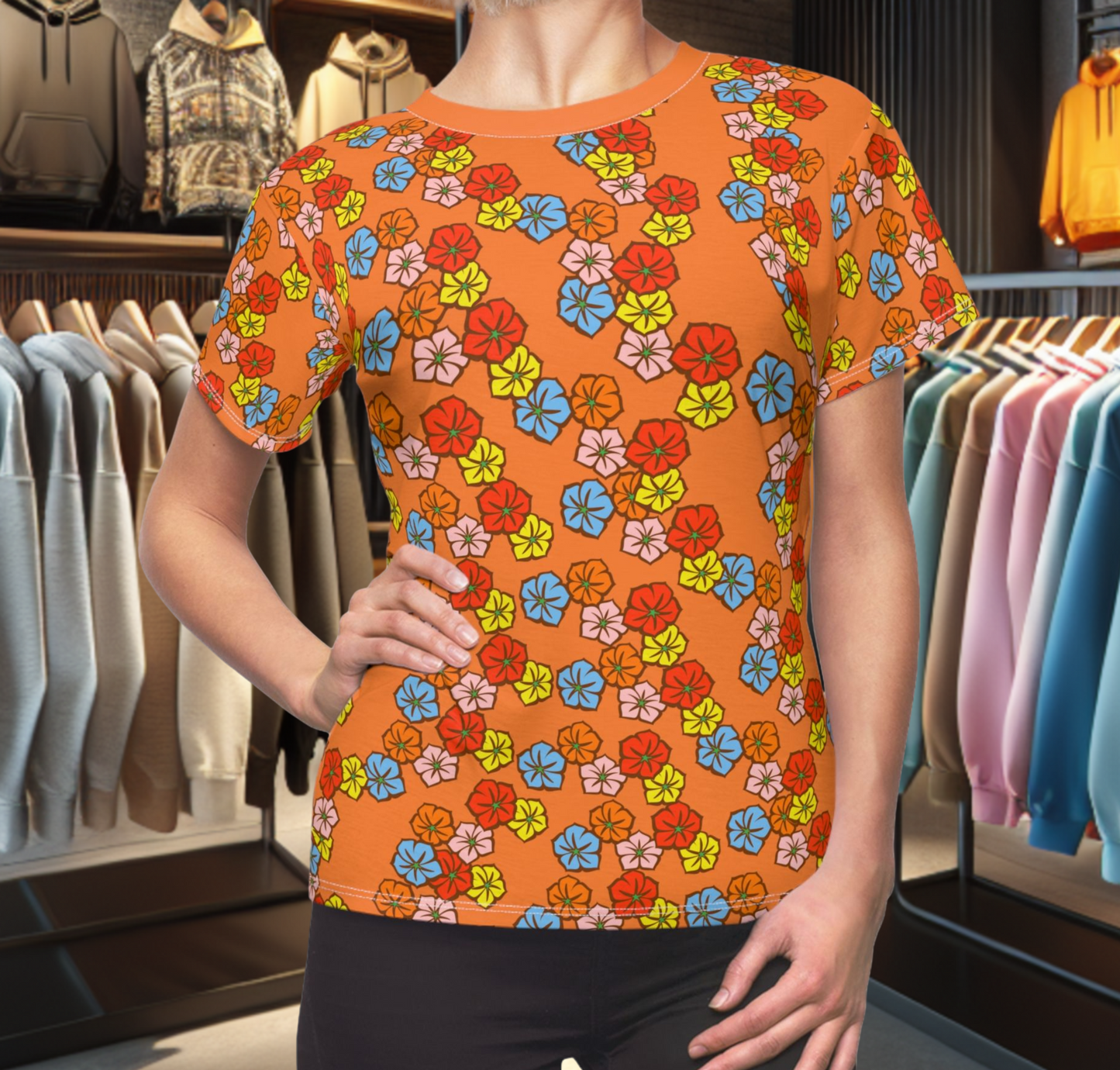 Women's Orange Tee - Floral Print, Cute Summer Top, Festival Fashion