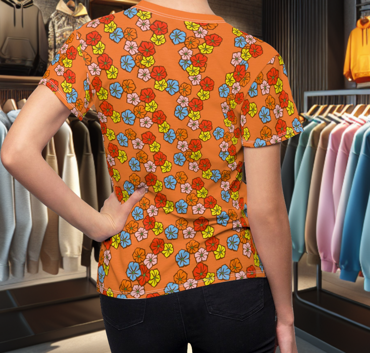 Women's Orange Tee - Floral Print, Cute Summer Top, Festival Fashion