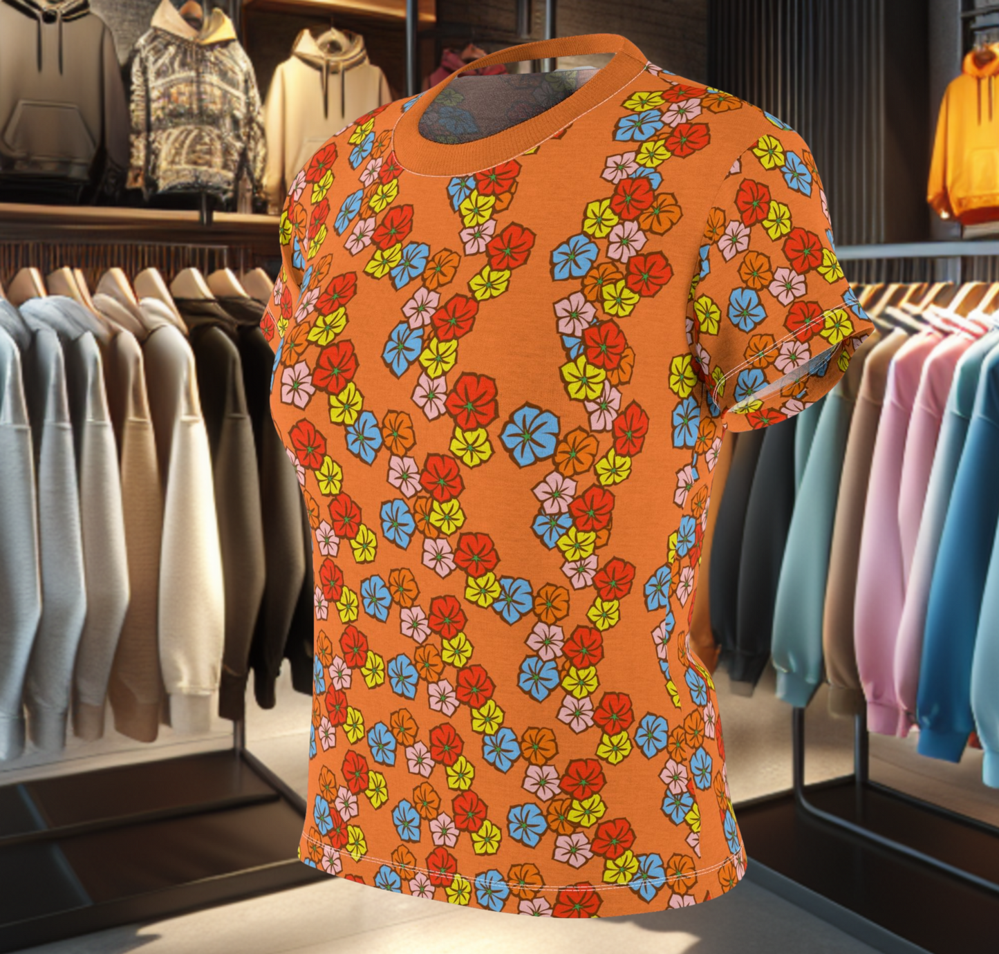 Women's Orange Tee - Floral Print, Cute Summer Top, Festival Fashion