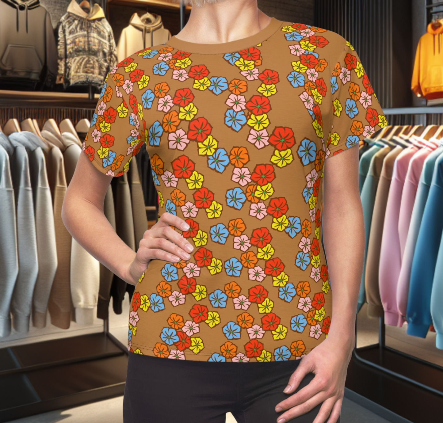 Women's Brown Tee - Floral Print, Cute Summer Top, Festival Fashion