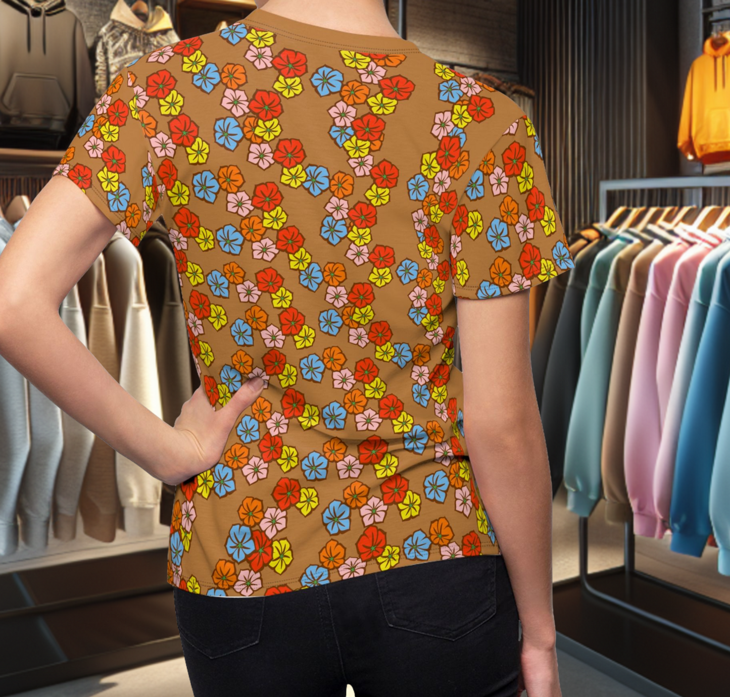 Women's Brown Tee - Floral Print, Cute Summer Top, Festival Fashion