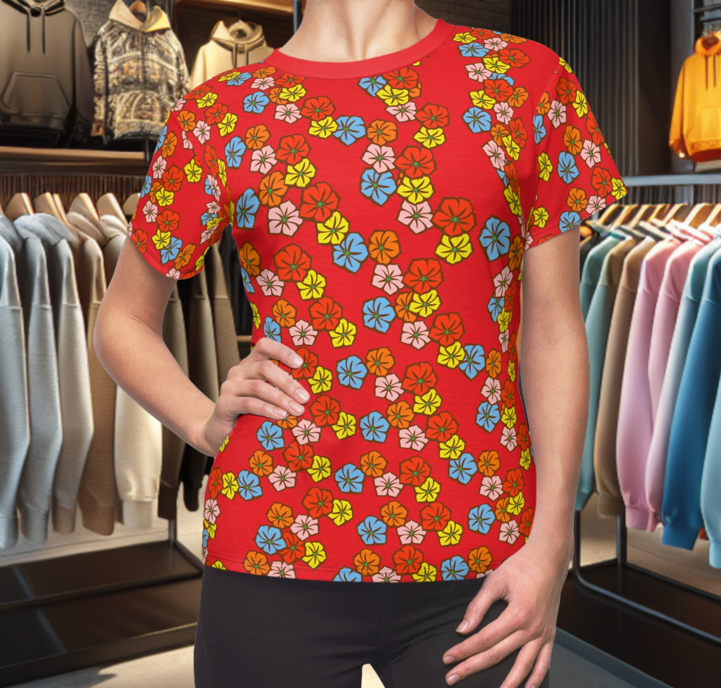Women's Red Tee - Floral Print, Cute Summer Top, Festival Fashion