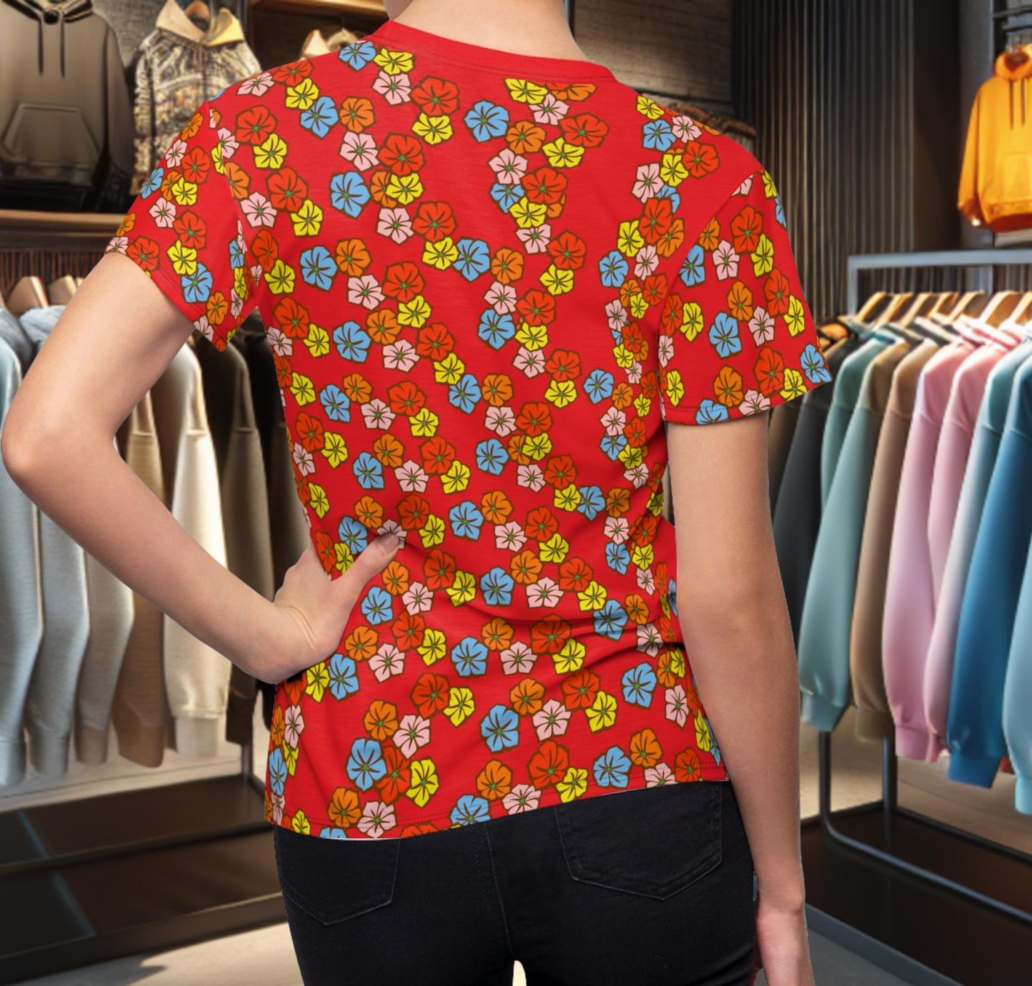 Women's Red Tee - Floral Print, Cute Summer Top, Festival Fashion