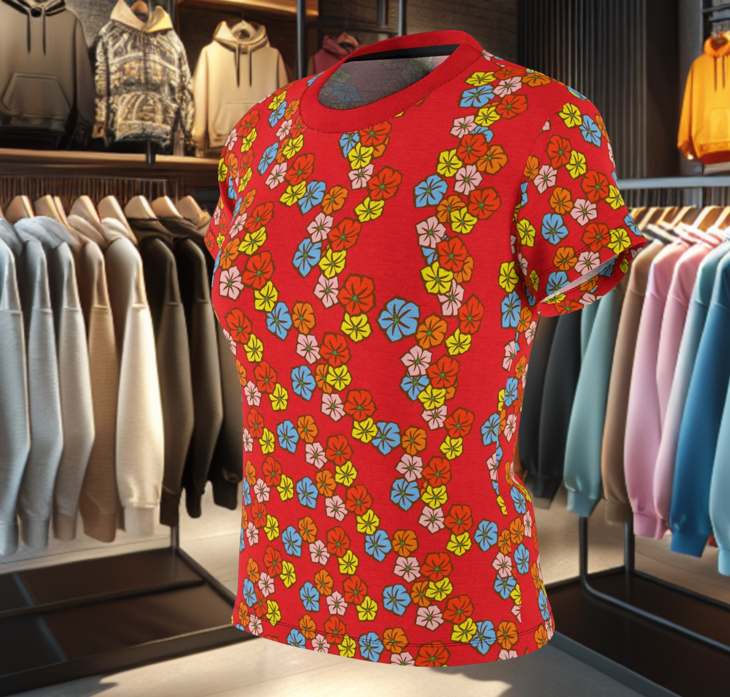 Women's Red Tee - Floral Print, Cute Summer Top, Festival Fashion