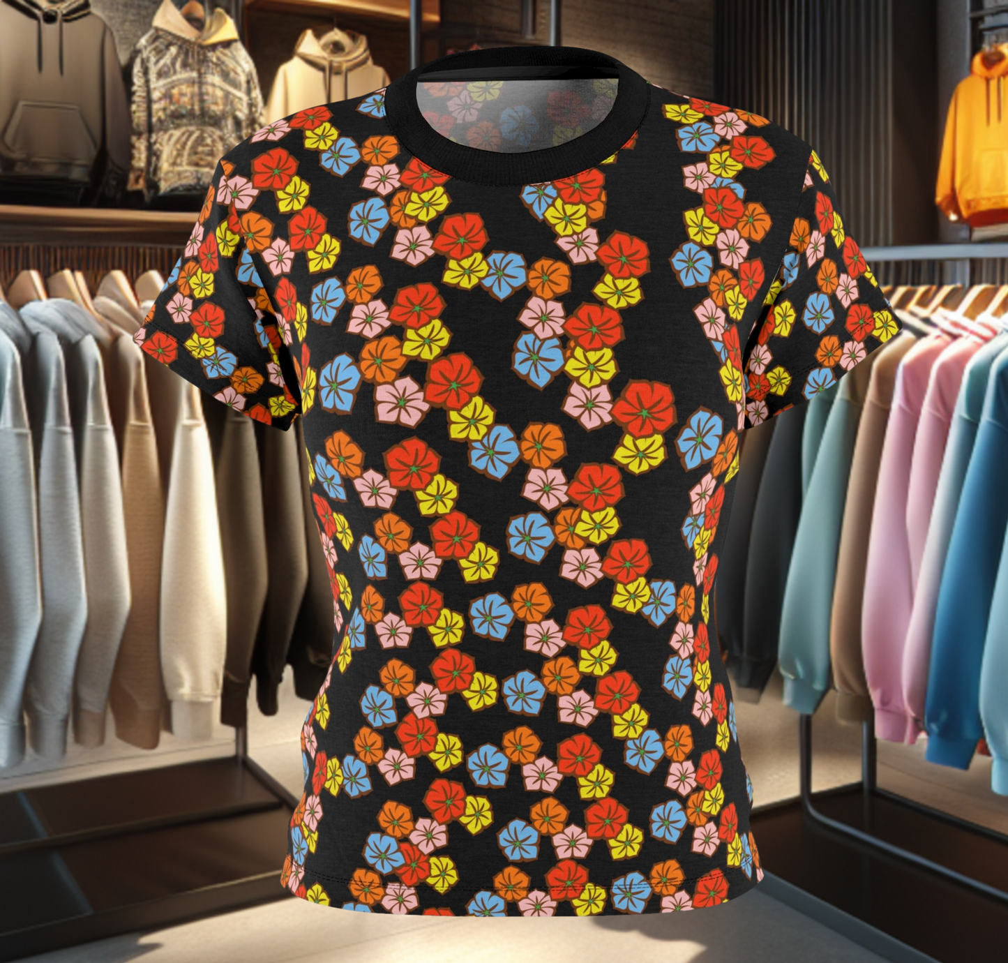 Women's Black Tee - Floral Print, Cute Summer Top, Festival Fashion