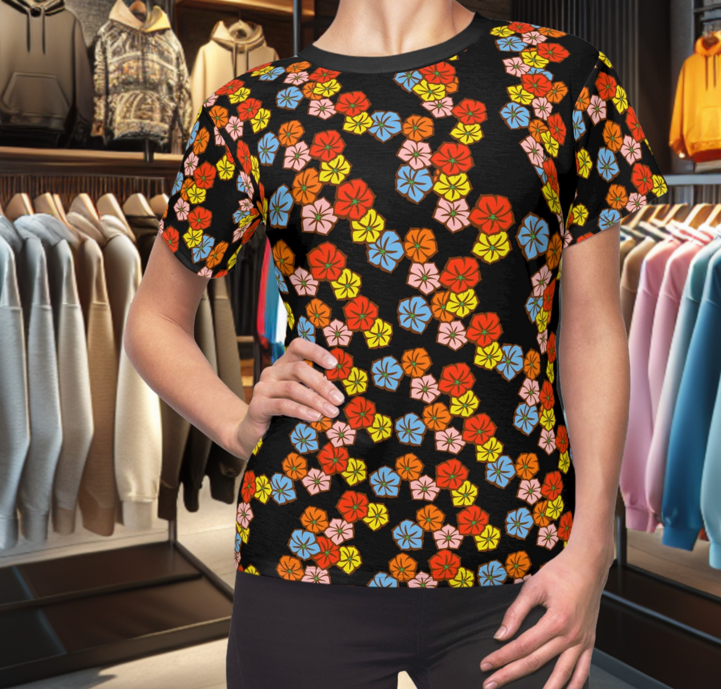 Women's Black Tee - Floral Print, Cute Summer Top, Festival Fashion