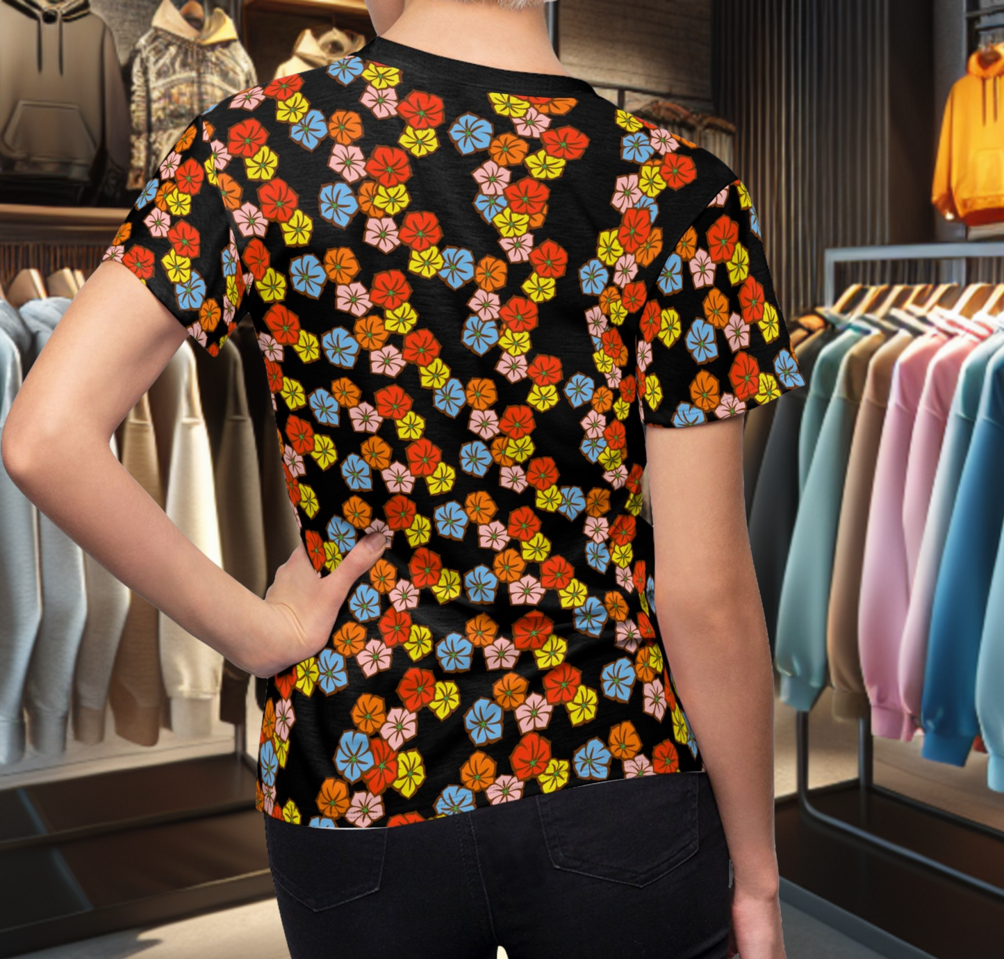 Women's Black Tee - Floral Print, Cute Summer Top, Festival Fashion