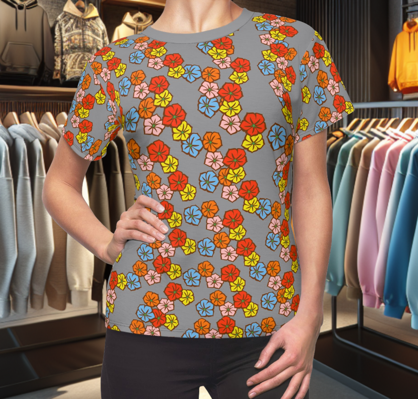 Women's Gray Tee - Floral Print, Cute Summer Top, Festival Fashion
