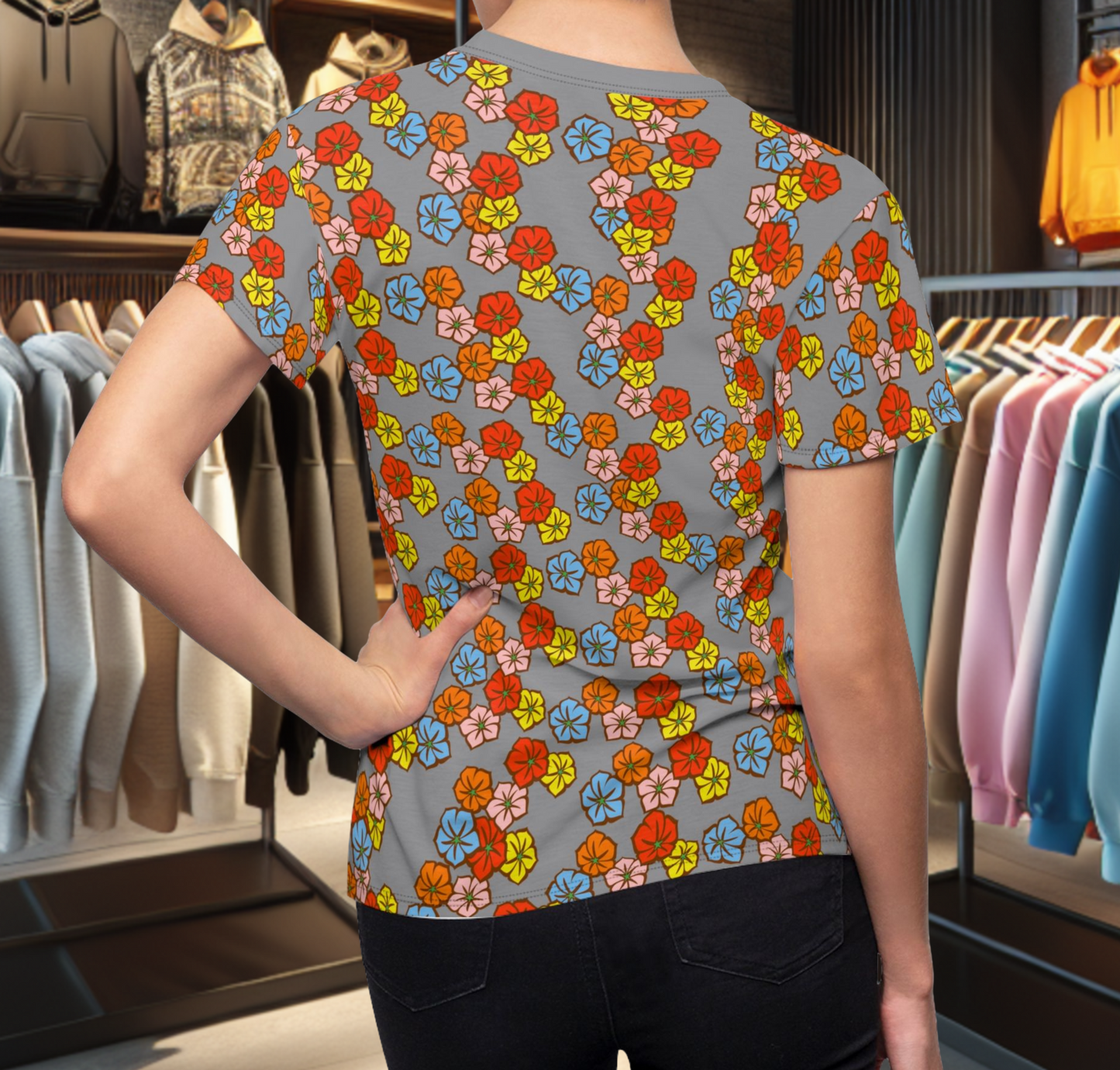 Women's Gray Tee - Floral Print, Cute Summer Top, Festival Fashion