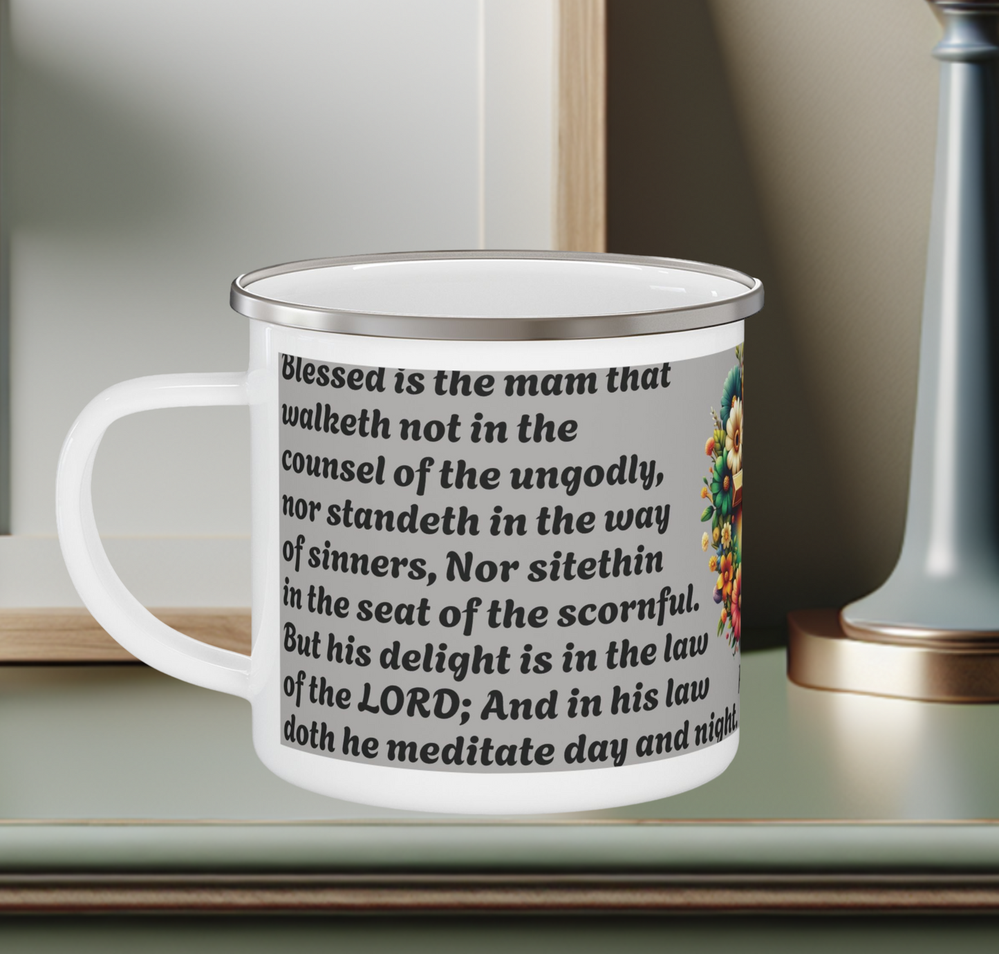 Enamel Mug Gray - Psalms 1-1 Walketh not with the ungodly.