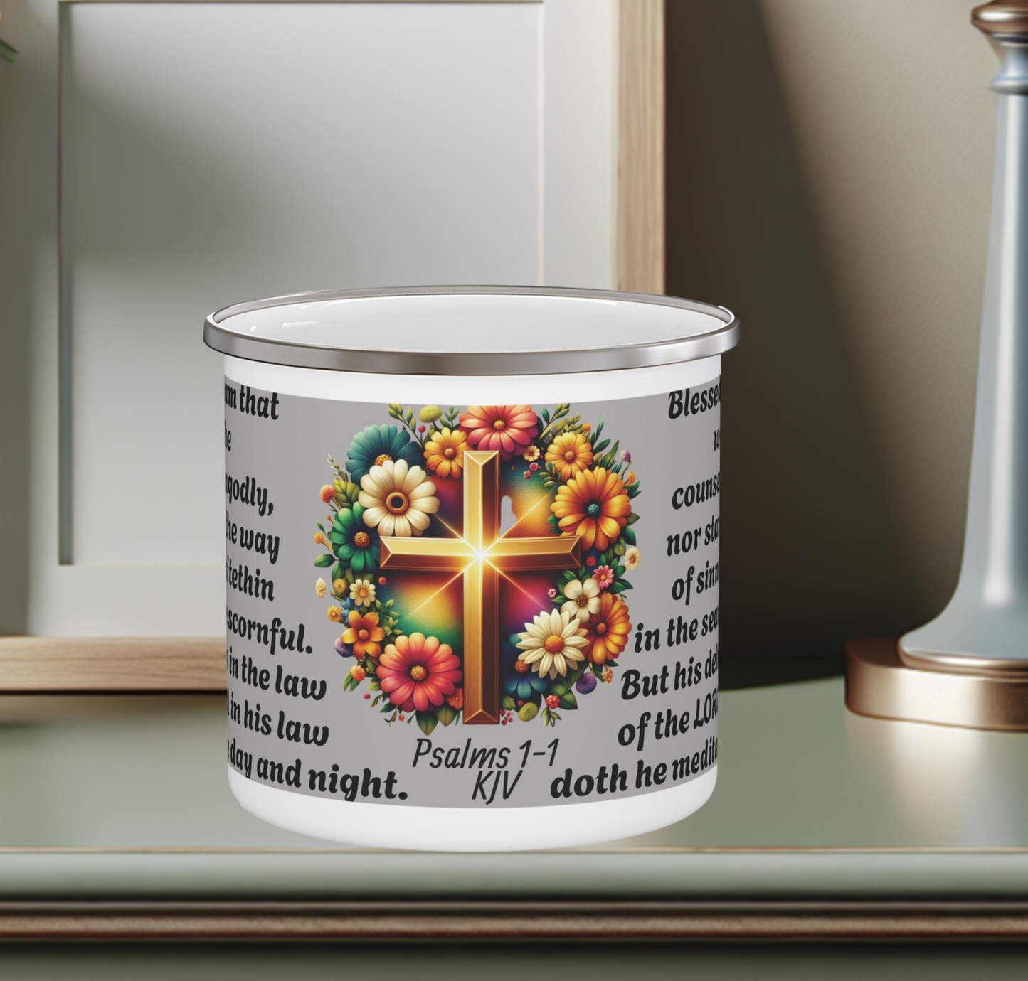 Enamel Mug Gray - Psalms 1-1 Walketh not with the ungodly.
