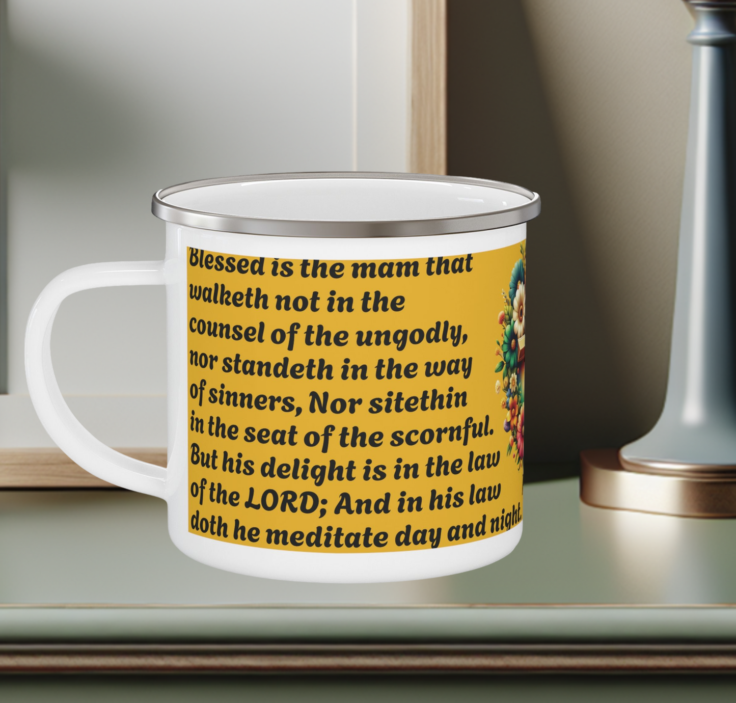 Enamel Mug Yellow - Psalms 1-1 Walketh not with the ungodly.