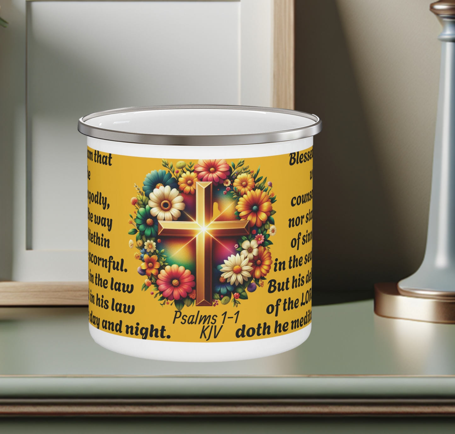 Enamel Mug Yellow - Psalms 1-1 Walketh not with the ungodly.