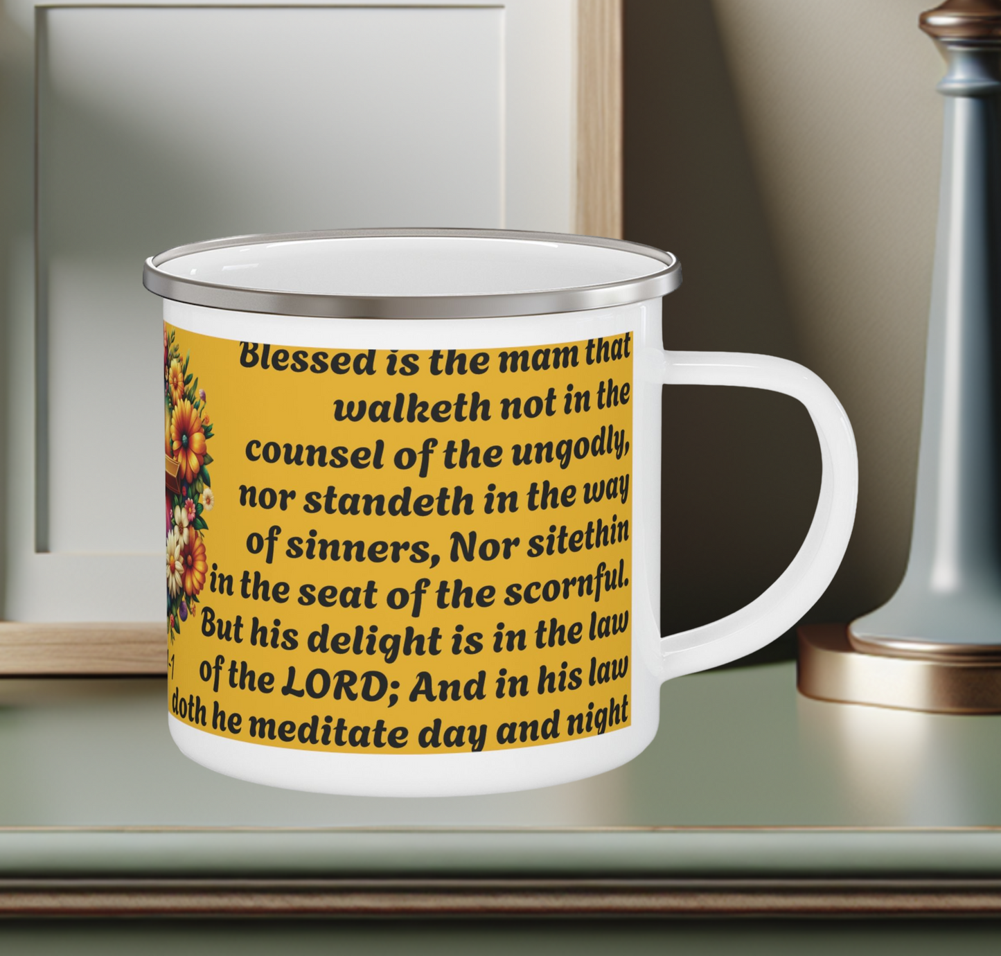 Enamel Mug Yellow - Psalms 1-1 Walketh not with the ungodly.