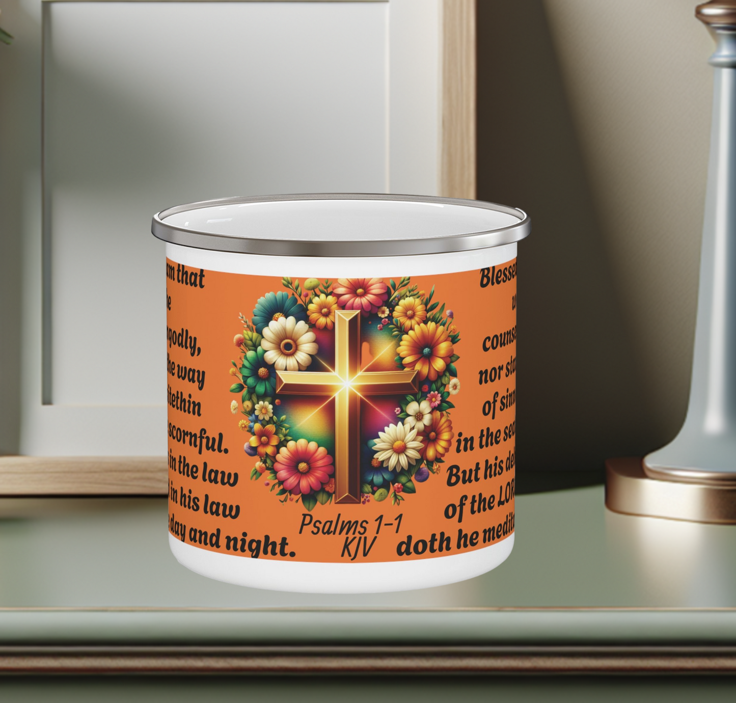 Enamel Mug Orange - Psalms 1-1 Walketh not with the ungodly.
