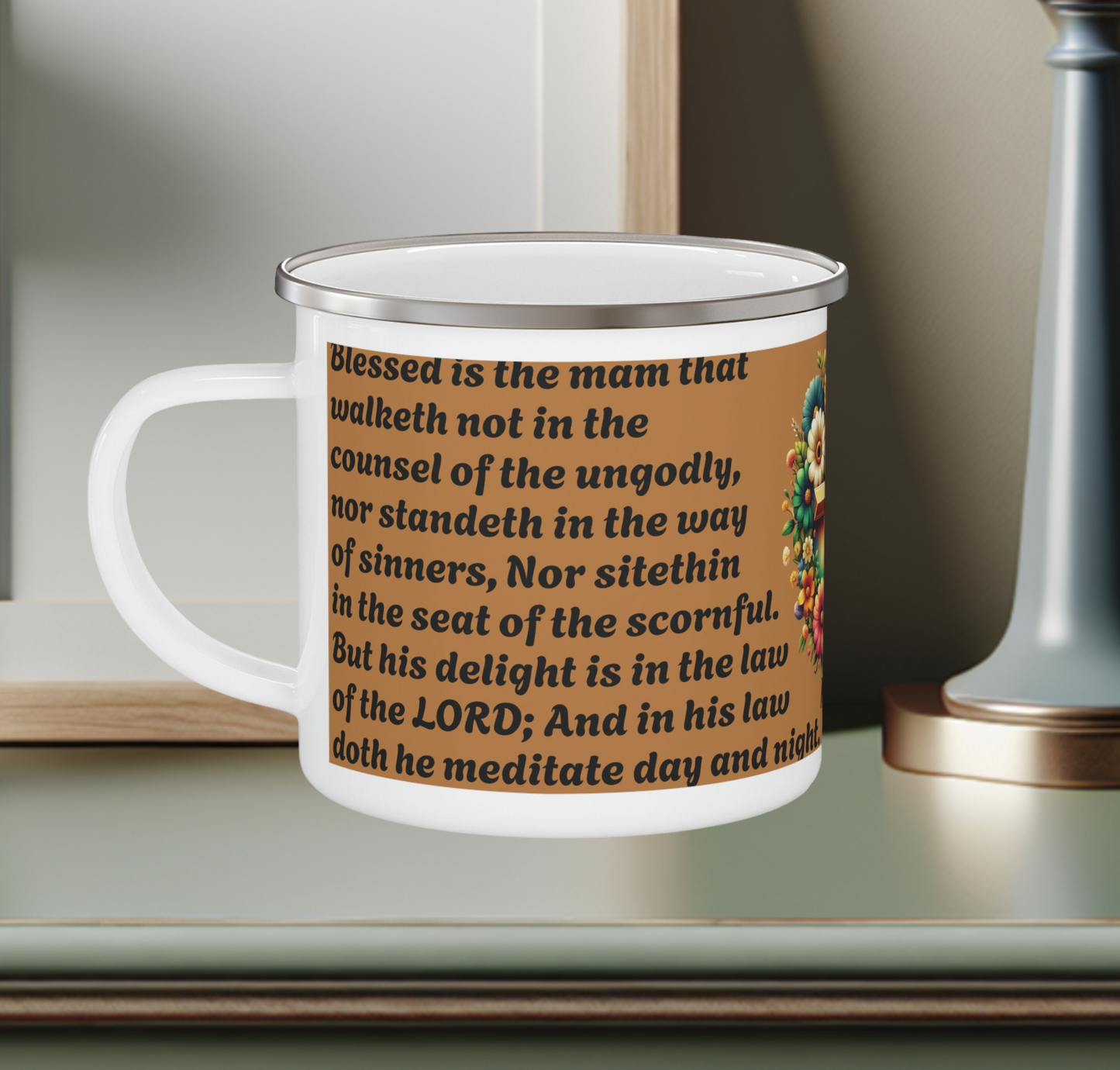 Enamel Mug Brown - Psalms 1-1 Walketh not with the ungodly.