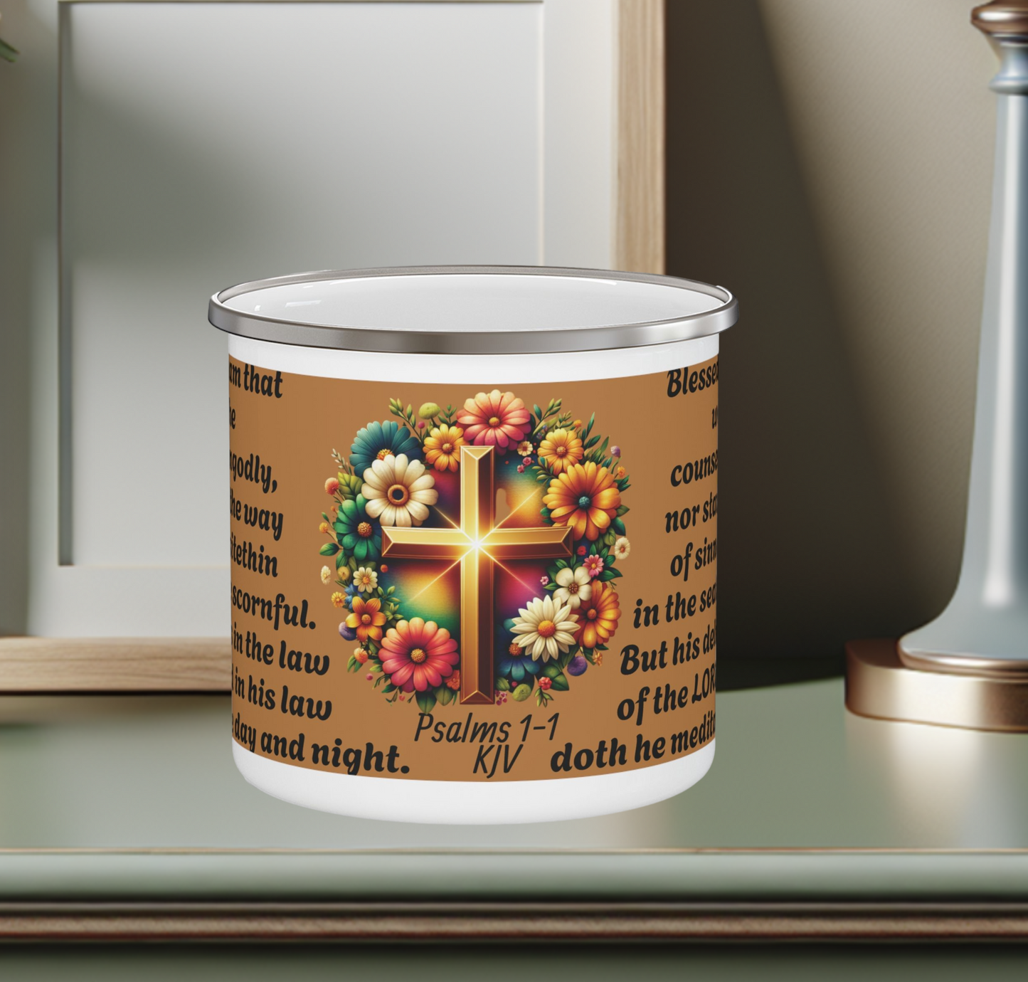 Enamel Mug Brown - Psalms 1-1 Walketh not with the ungodly.