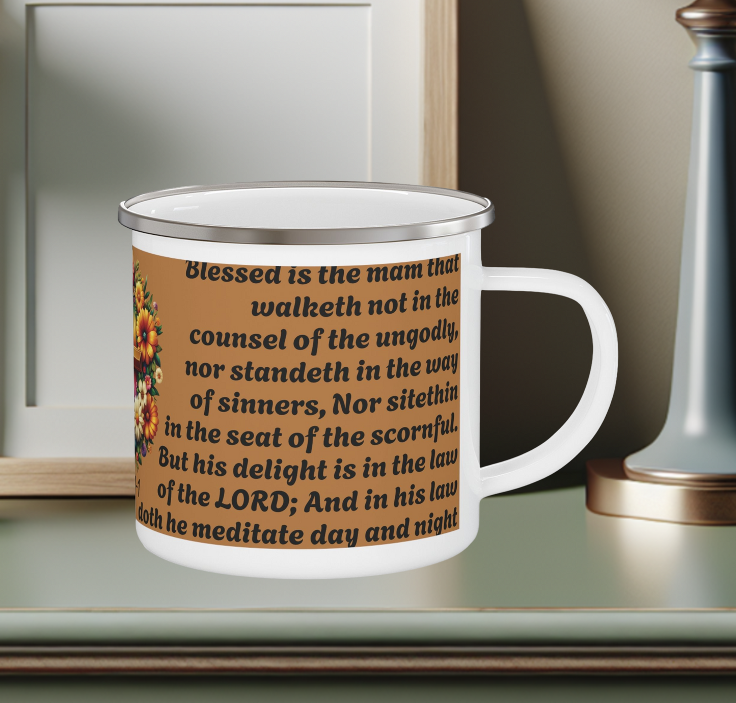 Enamel Mug Brown - Psalms 1-1 Walketh not with the ungodly.