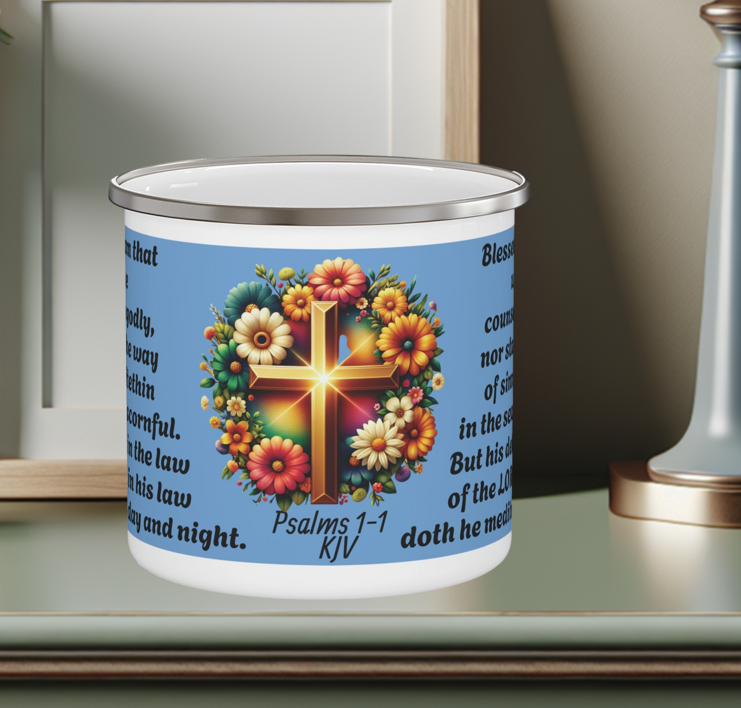 Enamel Mug Blue - Psalms 1-1 Walketh not with the ungodly.