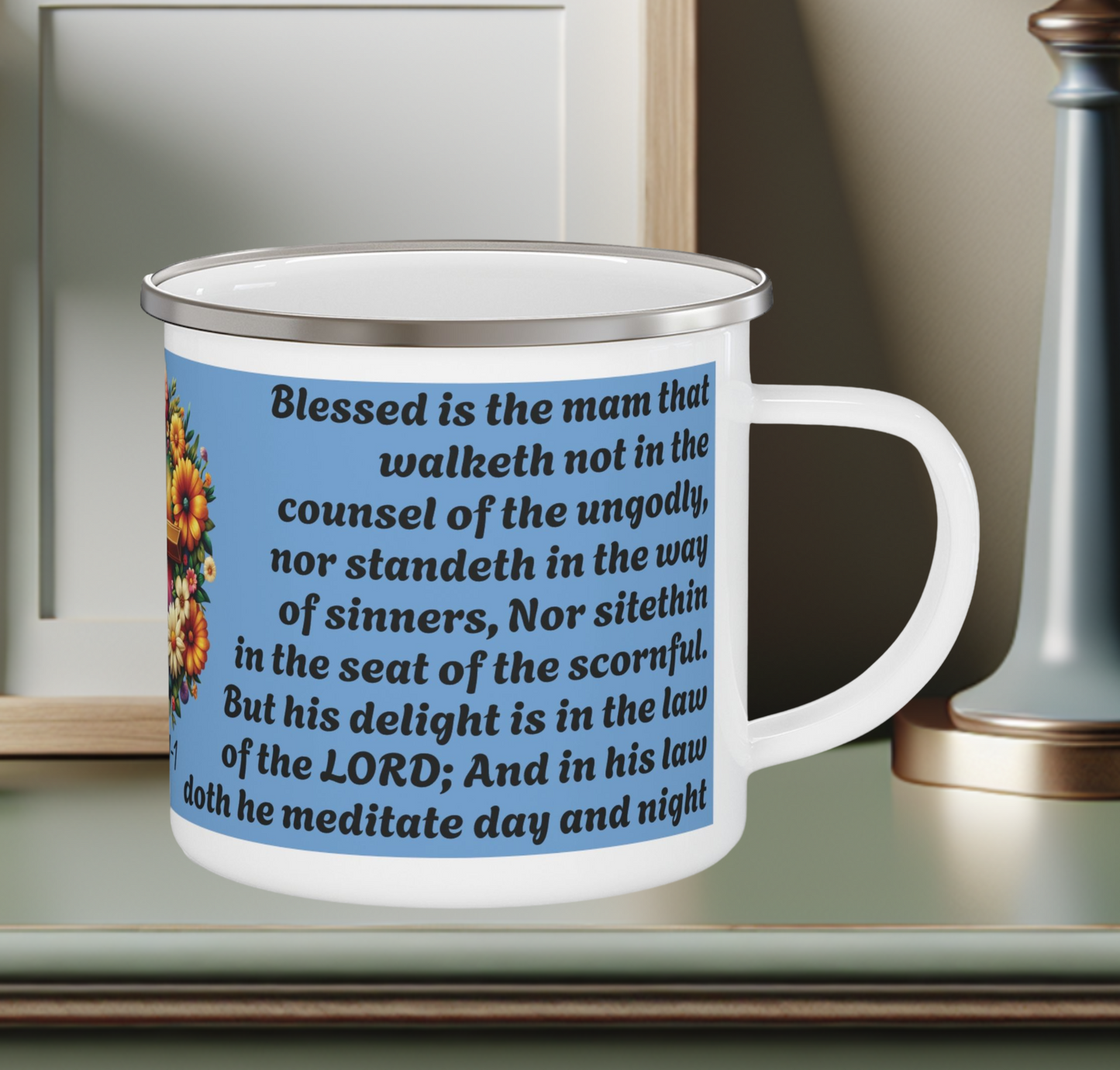 Enamel Mug Blue - Psalms 1-1 Walketh not with the ungodly.