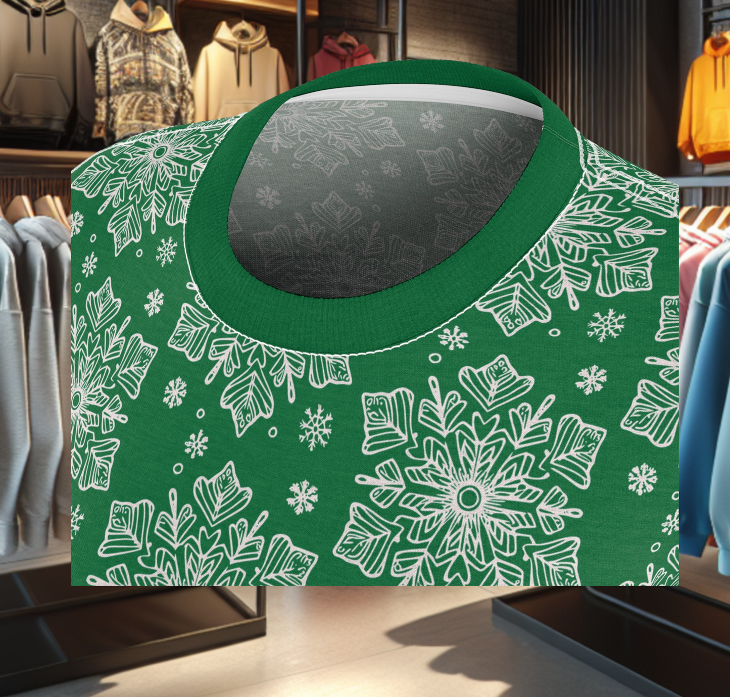 Women's Festive Green Tee - with a Snowflake Print Winter Top