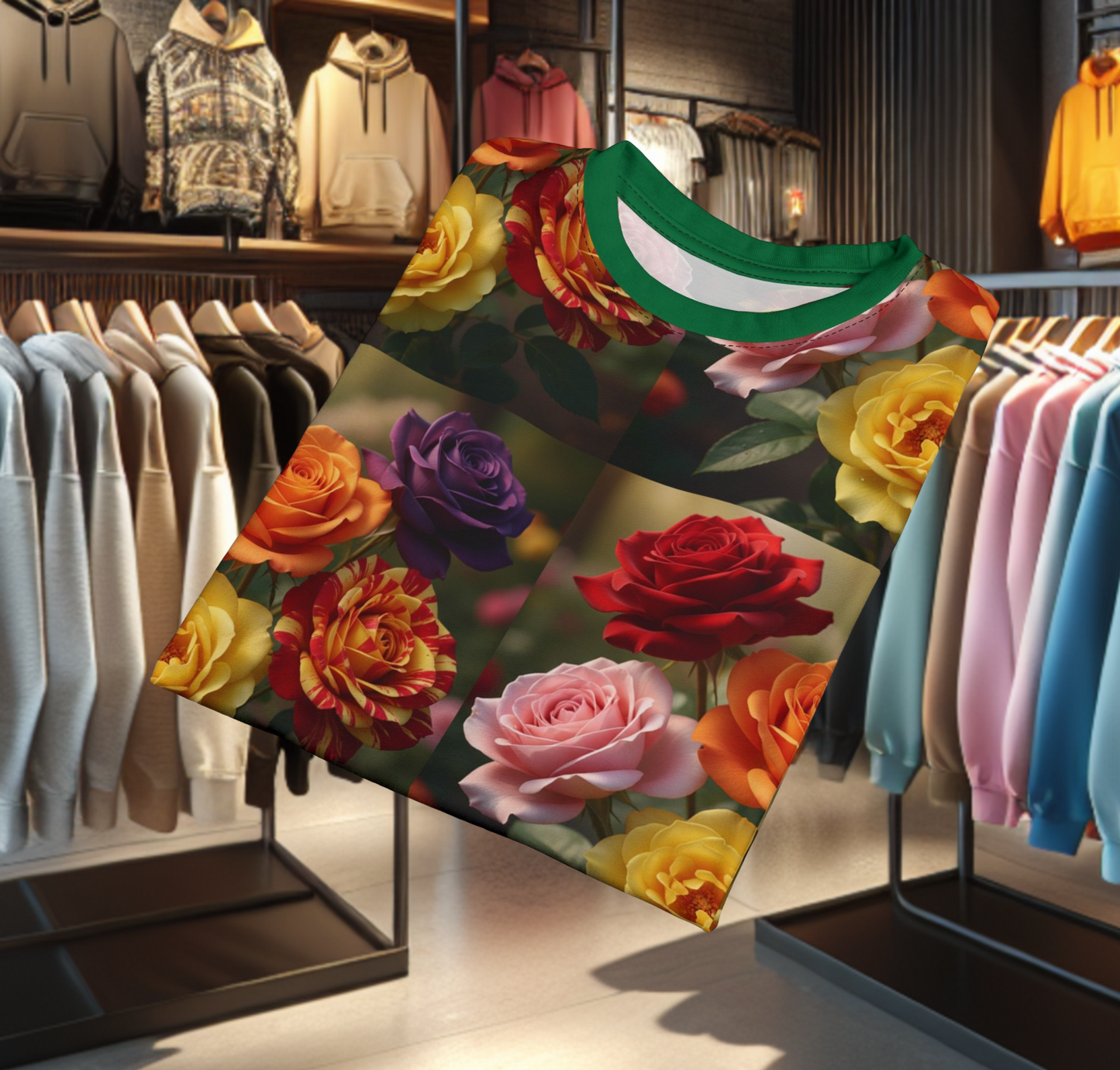 Colorful Roses Tee -Shirt with Vibrant All-Over Print Floral Design